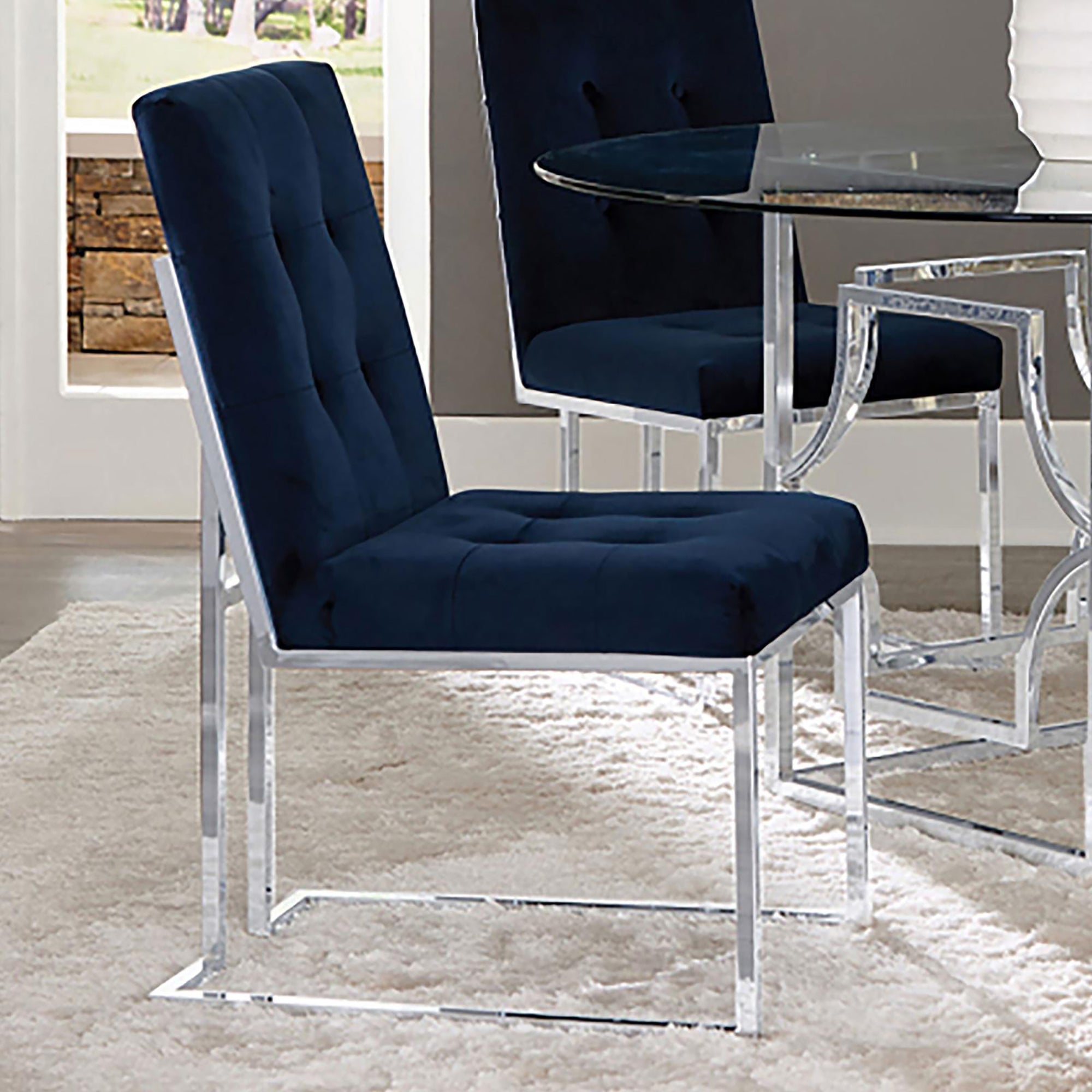 Blue and Chrome Tufted Back Dining Chairs (Set of 2) - Modern Upholstered Kitchen Chairs for Dining Room, Restaurant, or Office - Comfortable & Stylish Seating Solution