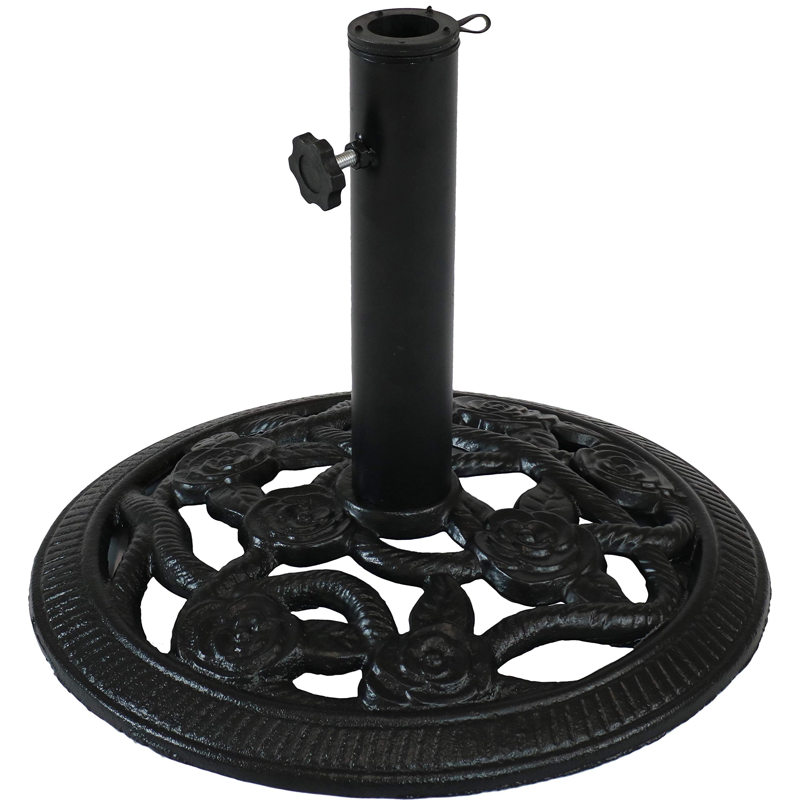 Heavy Duty Cast Iron Patio Umbrella Base Stand with Decorative Rose Blossom Design - 16-Inch Diameter Black Outdoor Umbrella Weight - Perfect for Garden, Poolside & Backyard Relaxation