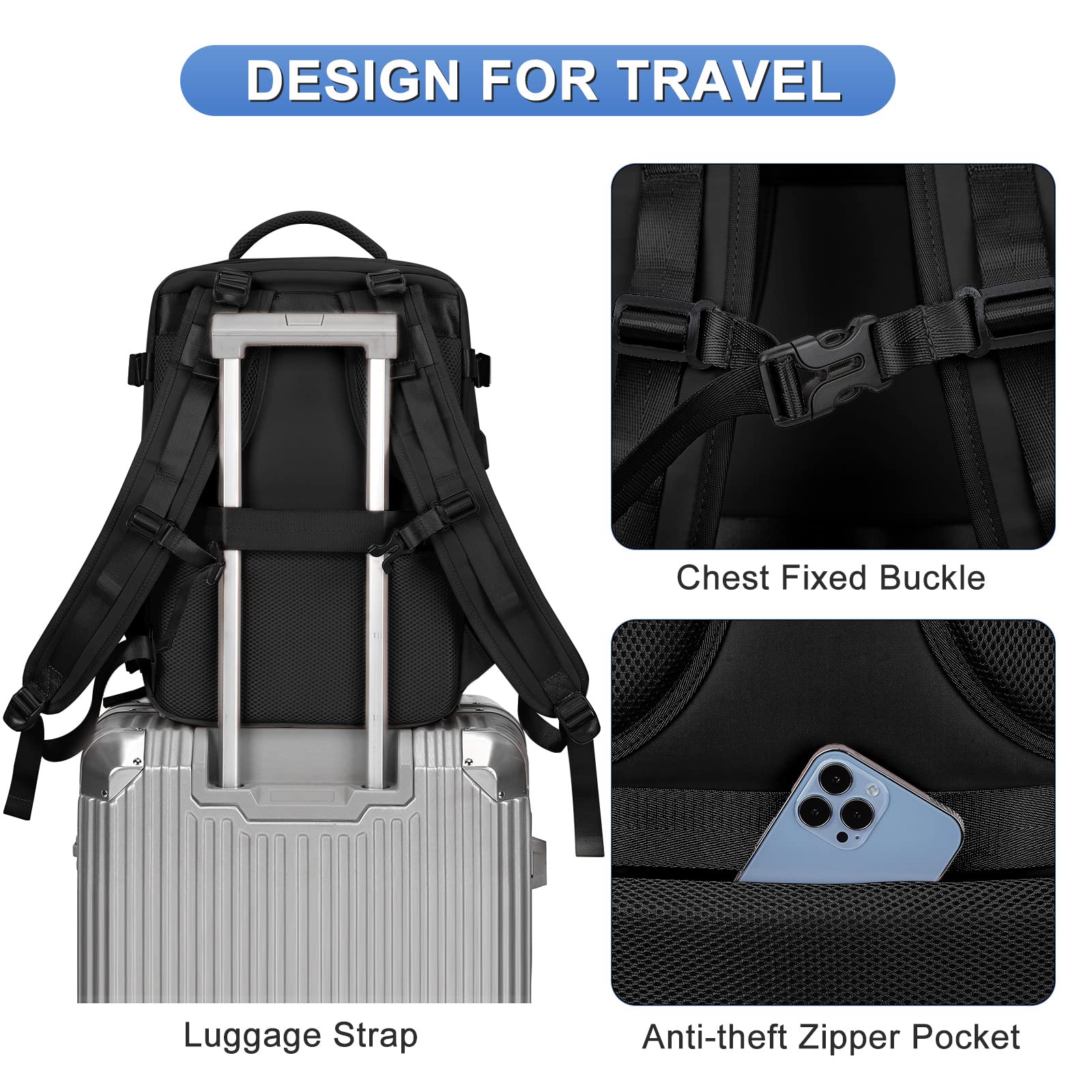 Coofay Airline Approved Carry On Backpack for Women & Men - Waterproof Travel Backpack, Lightweight Hiking Daypack for Sports, Casual Use & Outdoor Adventures (Black)