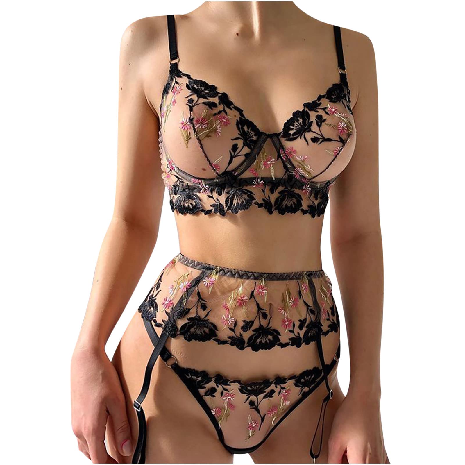 Sexy Lingerie Set for Women - Mesh Embroidery Bra, Panty & Garter Belt Set | Romantic Lingerie for Couples, Bridal Nightwear, Valentine's Gift & Boudoir Photography