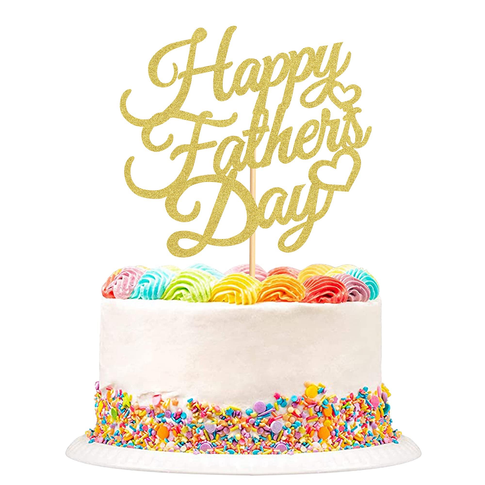 6 Pcs Gold Glitter Happy Father's Day Cake Toppers - Decorative Party Cake Decorations with Gold Letter Heart Design - Perfect for Father's Day Celebrations, Birthday Parties & Special Occasions