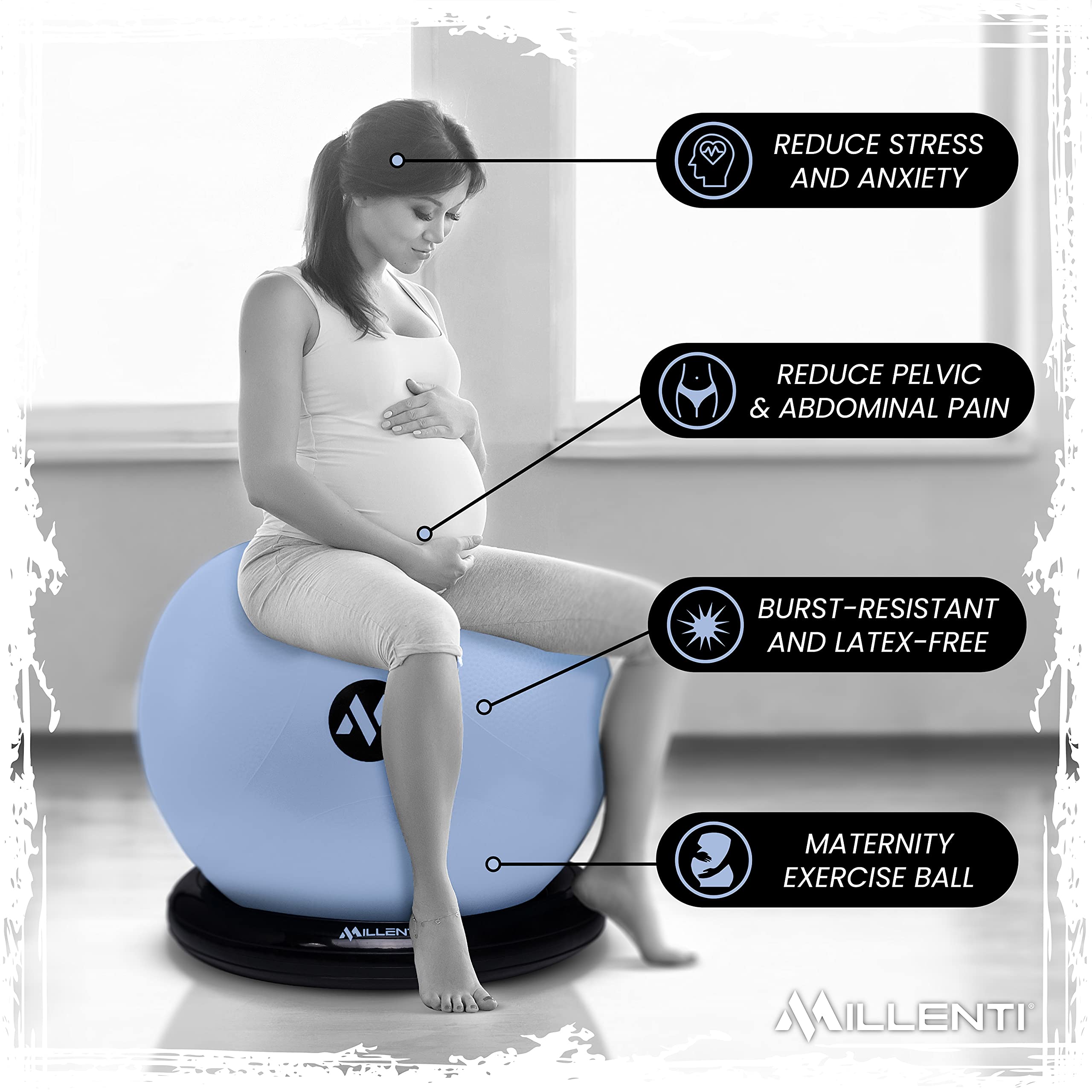 Millenti 65cm Exercise Ball Chair with Stability Base Ring Kit & Resistance Bands - Yoga, Pilates, Home Gym, Office Chair, Pregnancy Birthing Ball - Includes Workout Chart - Perfect for Home Fitness, Office Ergonomics, Prenatal Yoga and Postpartum Recovery