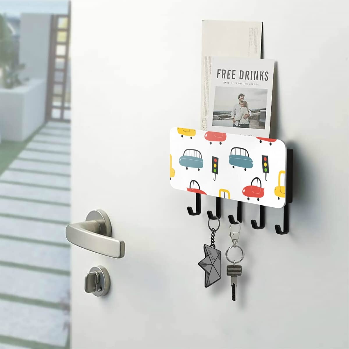 Cartoon Cars Key Holder Wall Mount - 5 Hook Wall Hanger for Keys, Mail & Organizer | Durable Entryway Decor for Hallway, Front Door & Home Organization