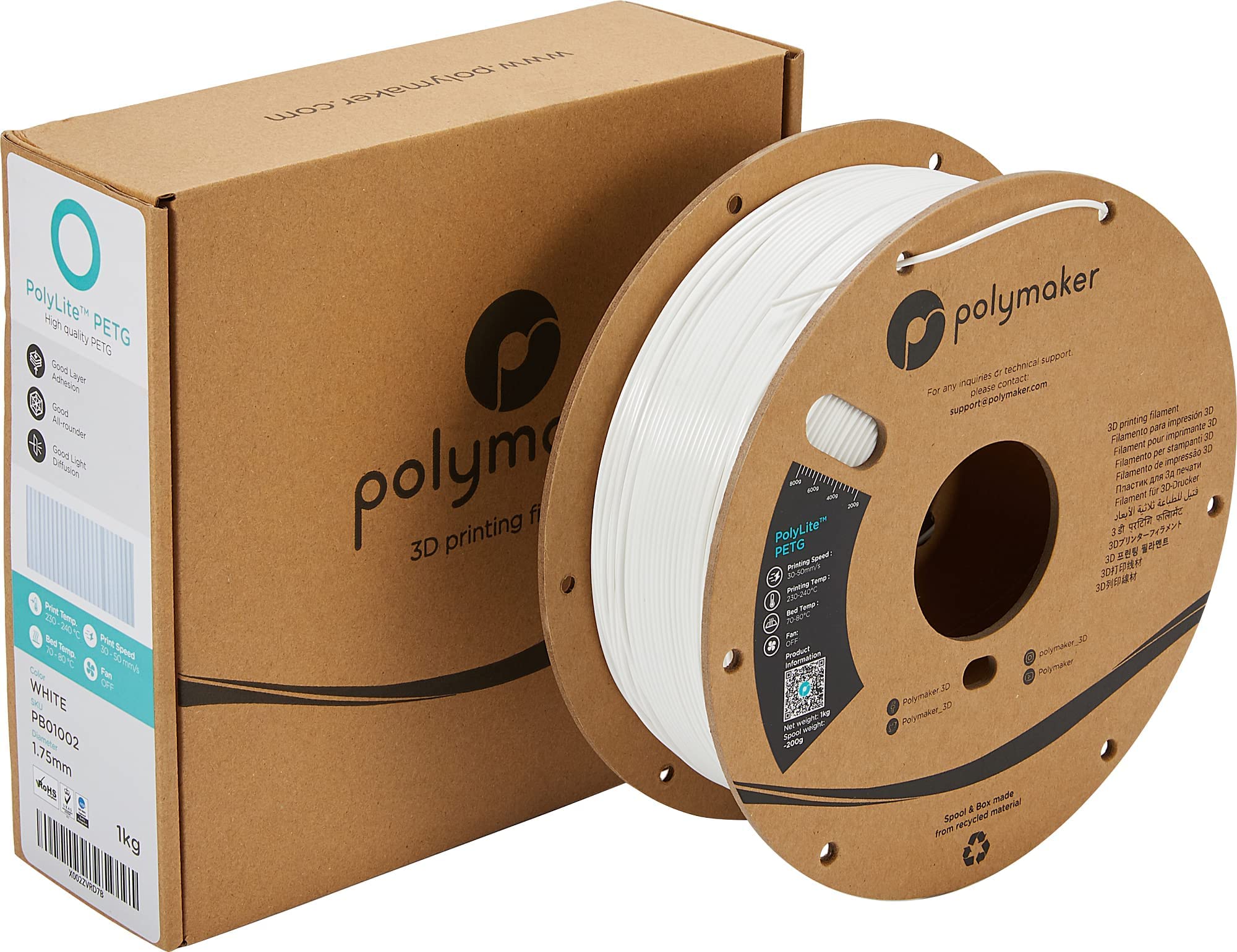 Polymaker PolyLite PETG 3D Printer Filament 1.75mm Bundle - 3 Spools (Black, White, Red) for High-Quality 3D Printing - Perfect for DIY Projects, Prototyping & Home Decor