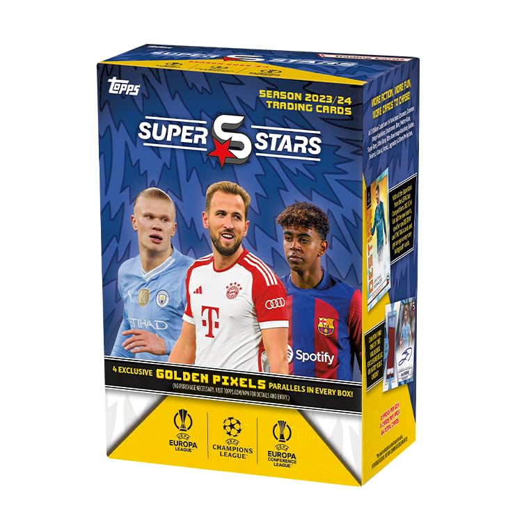 Topps UCC Superstars 23/24 Value Box - 8 Packets of UEFA Superstars 2024 with 4 Golden Pixel Parallel Cards (64 Total Cards) - Perfect for Soccer Fans, Collectors & Fantasy League Players