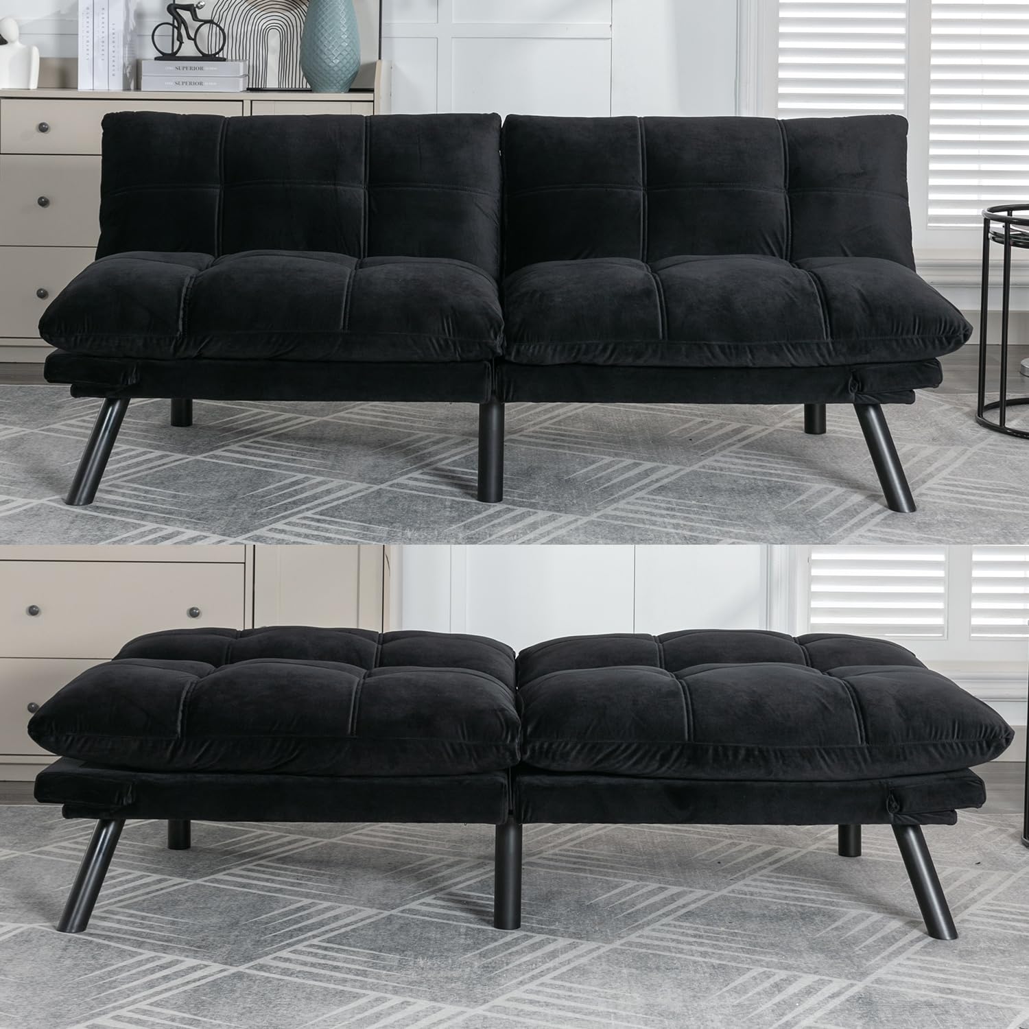Convertible Futon Sofa Bed - Foldable Breathable Small Couch for Compact Spaces | Perfect for Studio Apartments, Living Rooms, Bedrooms, Offices & Dorm Rooms | Multi-Functional Loveseat (Black) - Great for Guest Sleeping, Relaxing & Small Space Living