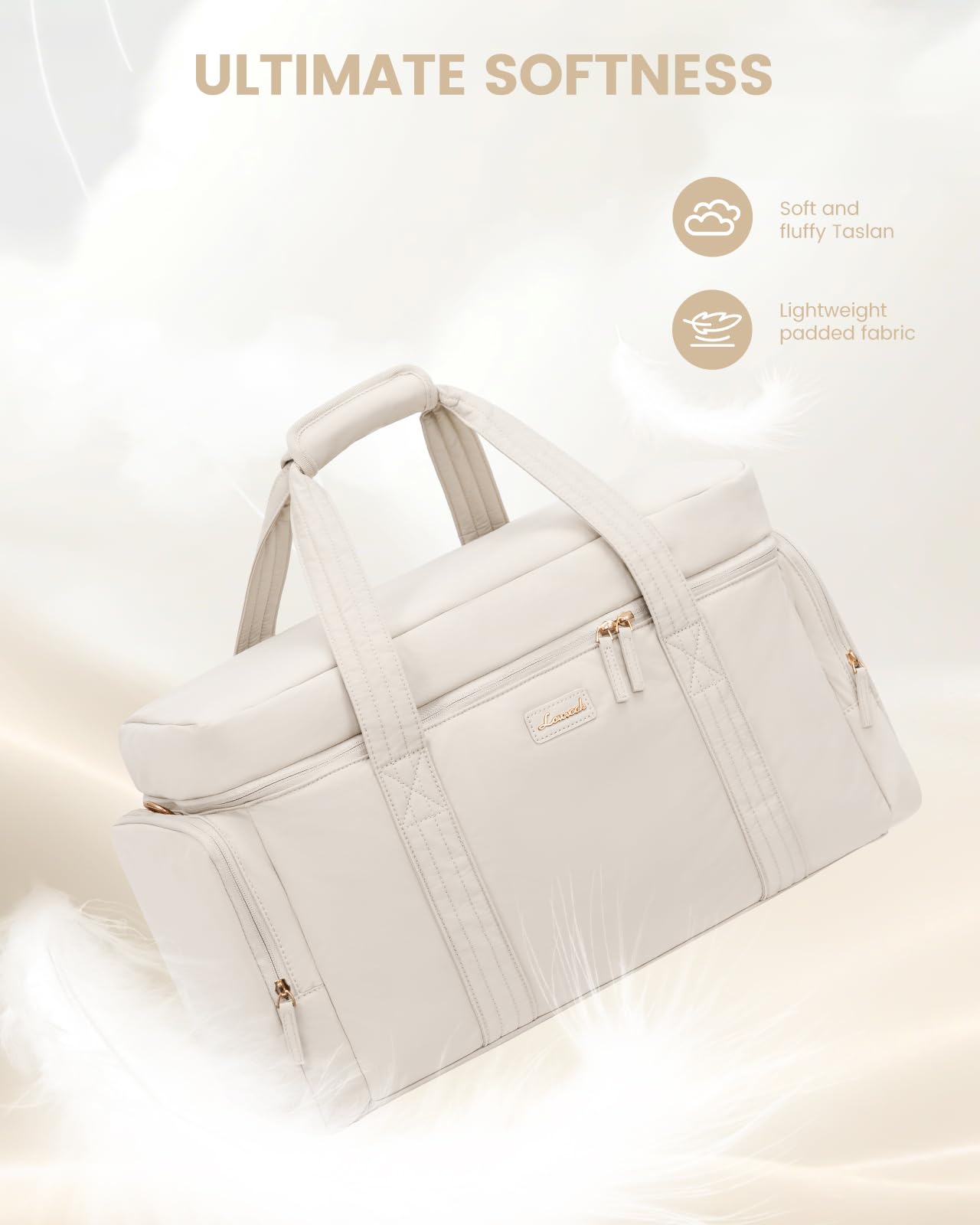 LOVEVOOK Women's Puffer Weekender Travel Duffle Bag - 3-Piece Set with Toiletry Bag & Wet Pocket - Perfect for Airplane Carry-On, Hospital Labor Delivery, Yoga Gym & Weekend Getaways - Beige