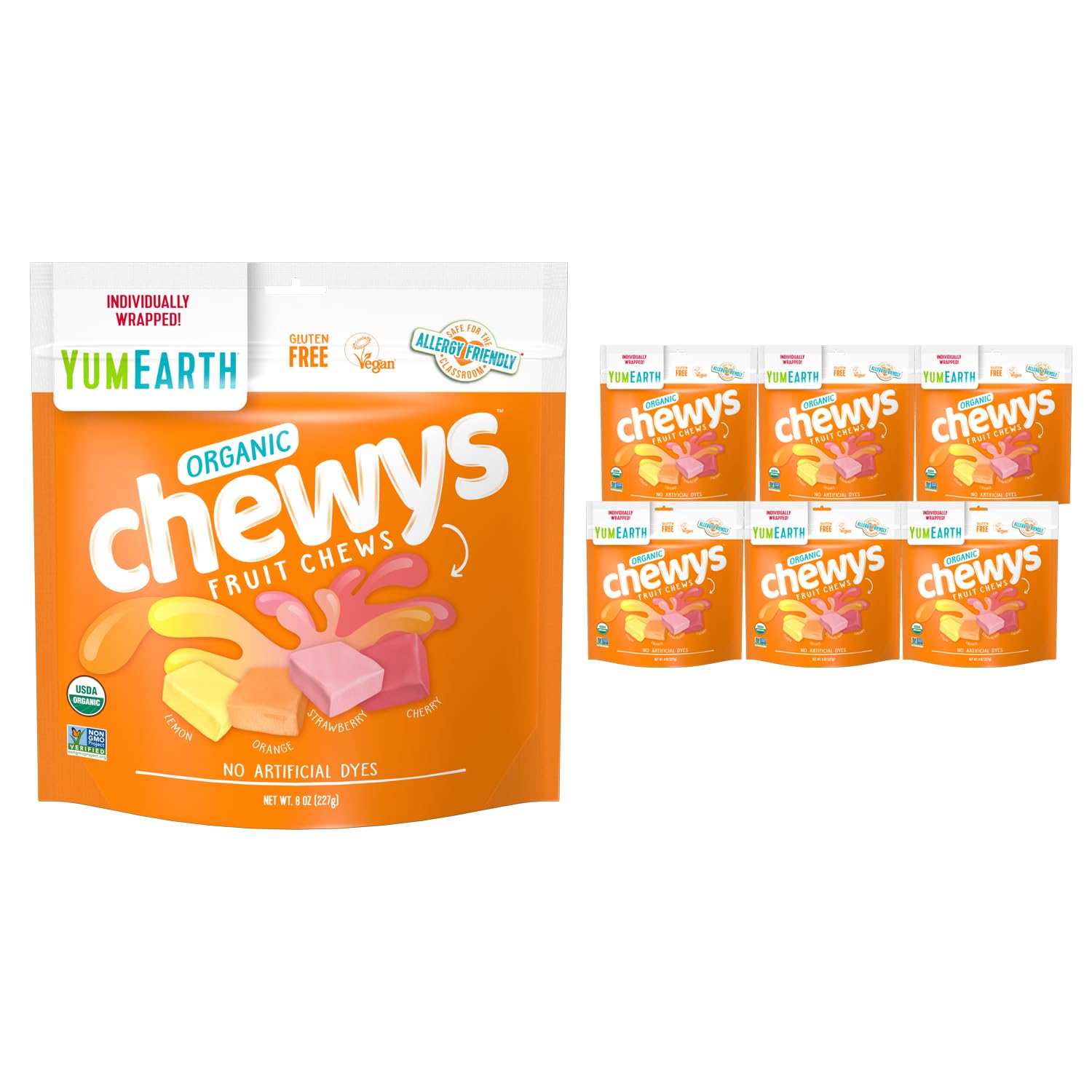 YumEarth Organic Fruit Chews - Natural Fruit Flavored Candy, Dye-Free, Allergy Friendly, Gluten Free, Non-GMO, Vegan Snacks with No Artificial Flavors, 8oz (Pack of 6) - Perfect for School Lunches, Parties & Healthy Treats