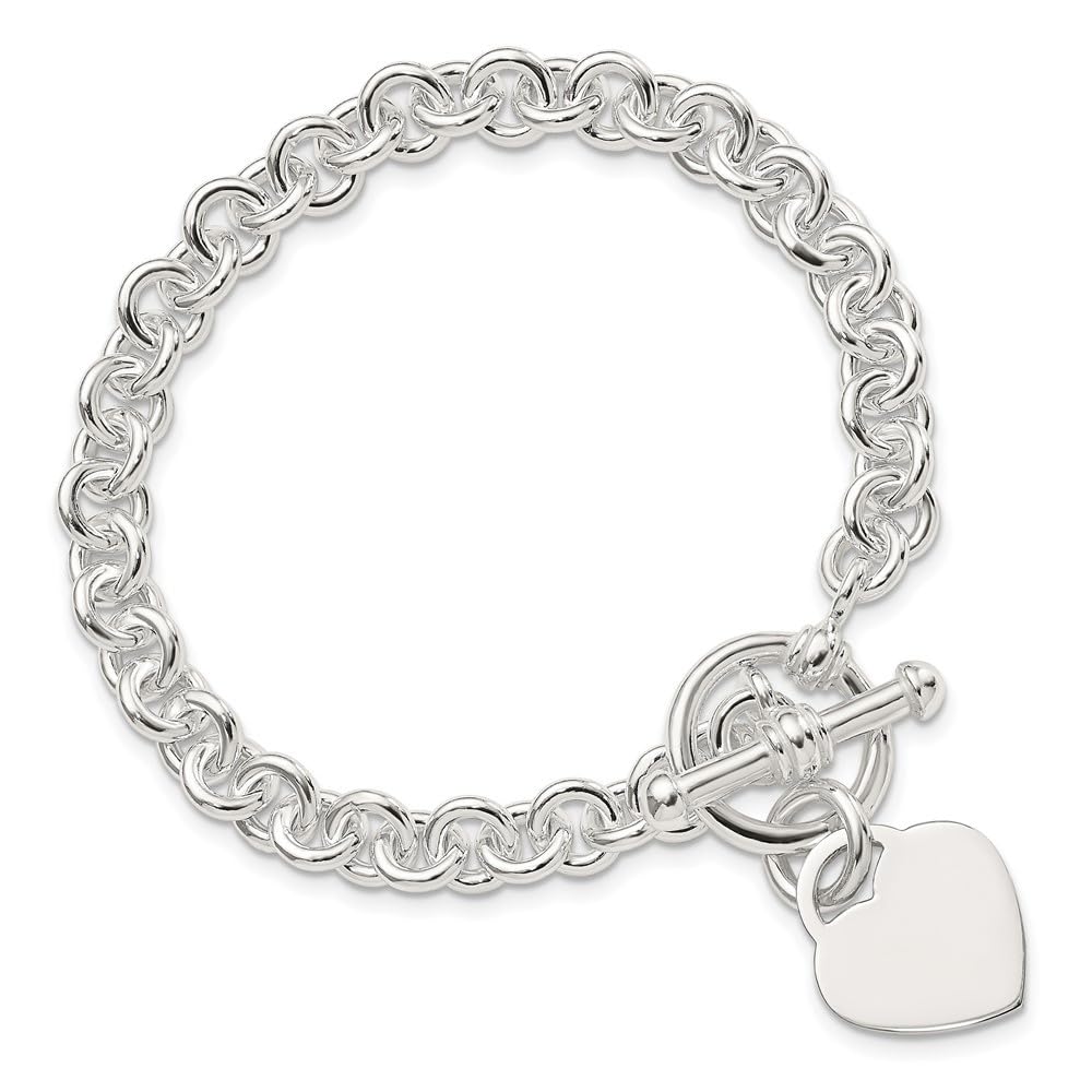 Engravable Sterling Silver Heart Disc Toggle Bracelet - Elegant Fancy Link Design for Women, Perfect for Gifts, Anniversaries & Special Occasions