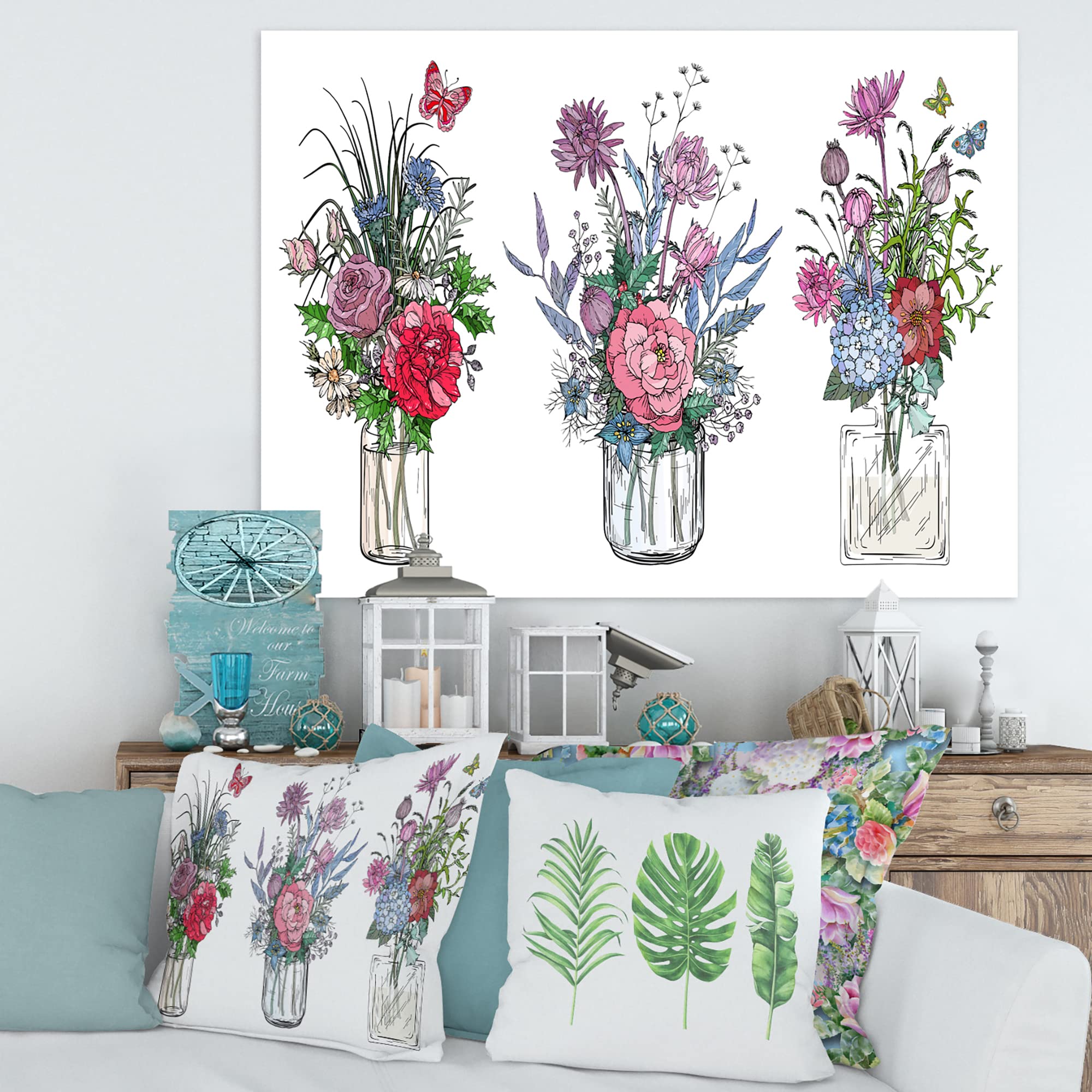 Farmhouse Wildflower Bouquets in Transparent Vases Canvas Wall Art - Perfect for Living Room, Bedroom & Office Decor