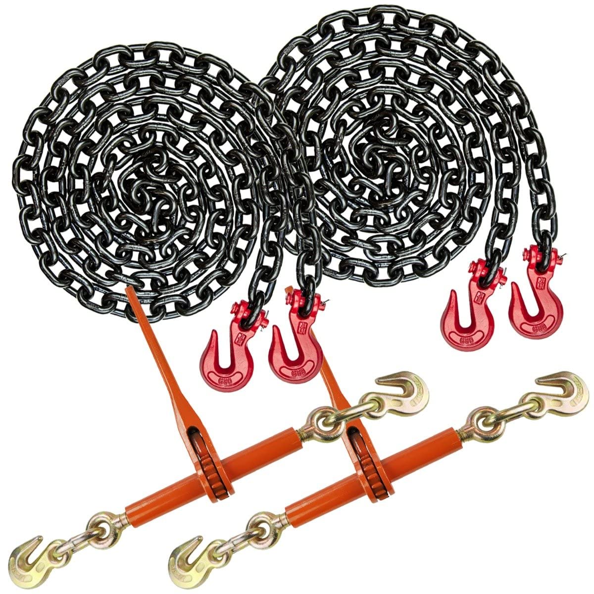 VULCAN Grade 80 3/8 Inch x 20 Foot Chain and Binder Kit - 2 Chains & 2 Binders - 7,100 lb SWL - Heavy Duty Towing, Cargo Securing, Trailer Safety - Perfect for Trucks, Trailers, and Construction Equipment