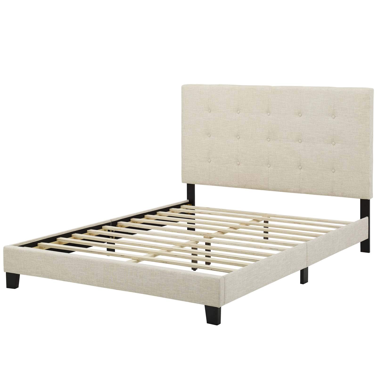 Modern Full Size Platform Bed Frame - Contemporary Urban Design, Soft Fabric Upholstery in Beige | Perfect for Small Bedrooms, Guest Rooms & Studio Apartments