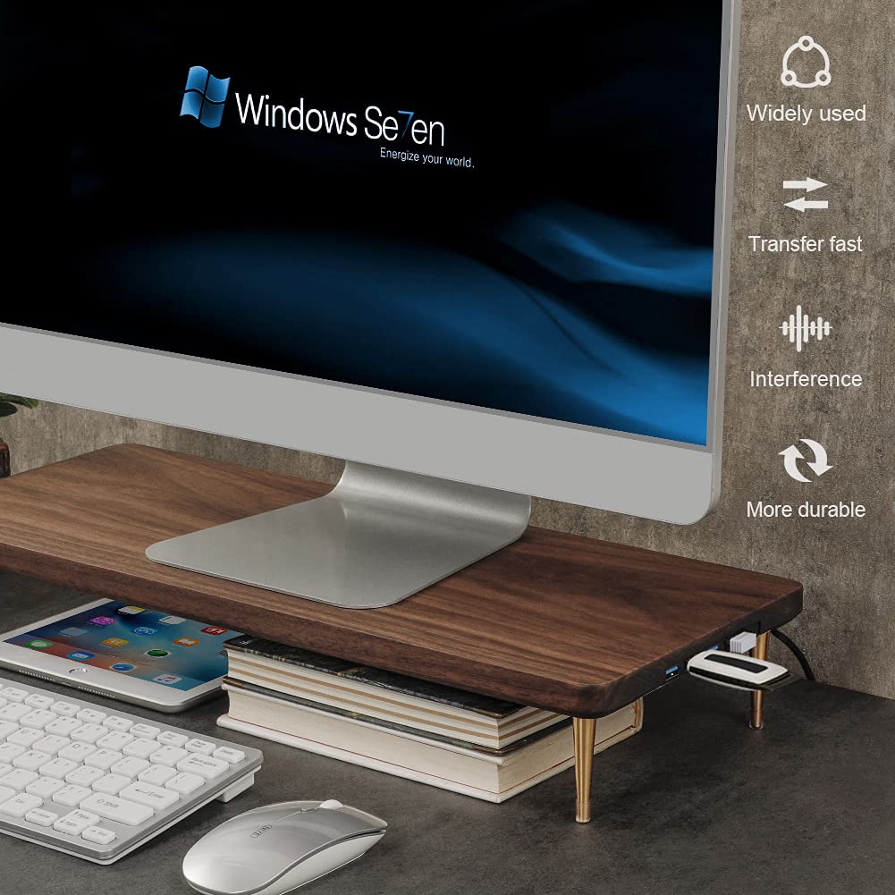 Walnut Wood Monitor Stand with 4 USB Ports - Ergonomic Riser for iMac, Laptop & Computer Screens to Reduce Eye Strain & Improve Posture | Perfect for Home Office & Workspace Setup
