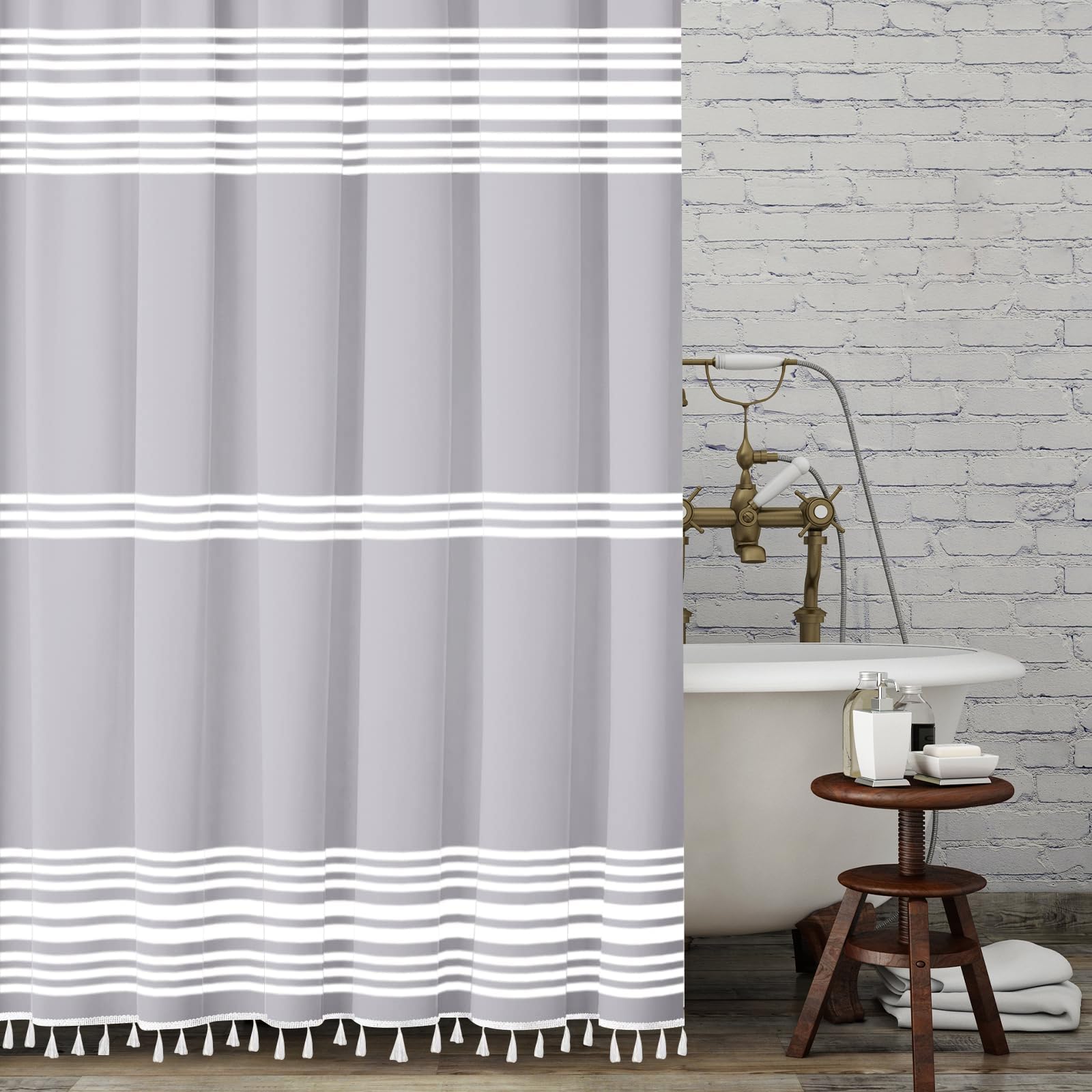 Seasonwood Grey Fabric Shower Curtain with White Tassels & Stripes - 72x72 Inch Farmhouse Style Waterproof Bathroom Curtain Set for Modern Neutral Decor | Perfect for Farmhouse, Coastal, or Minimalist Bathrooms
