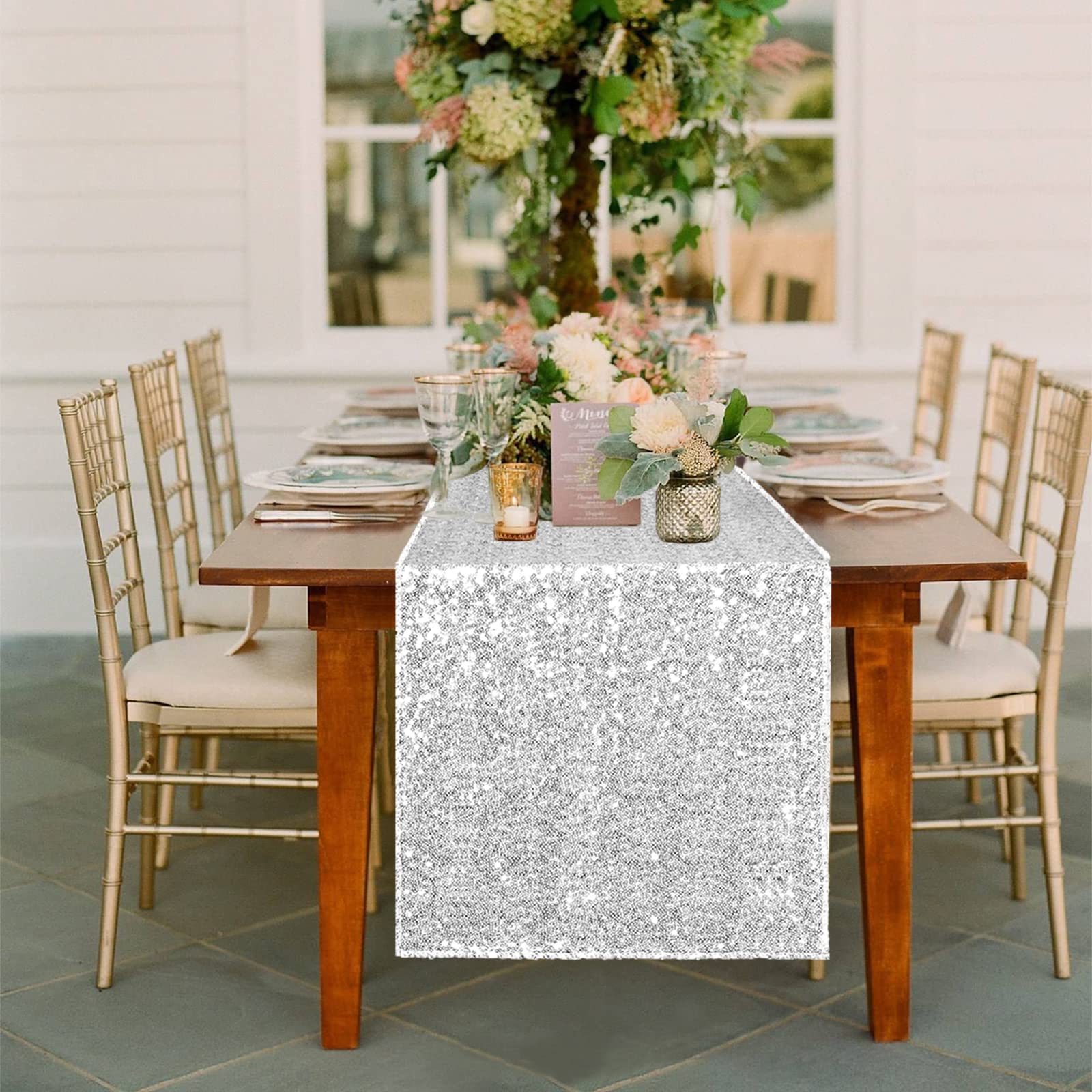 5-Pack Silver Sequin Table Runner 120 Inches Long - Shimmer Glitter Table Runners for Wedding, Party & Dining Table Decor - Perfect for Holiday Celebrations, Anniversary Dinners & Special Events