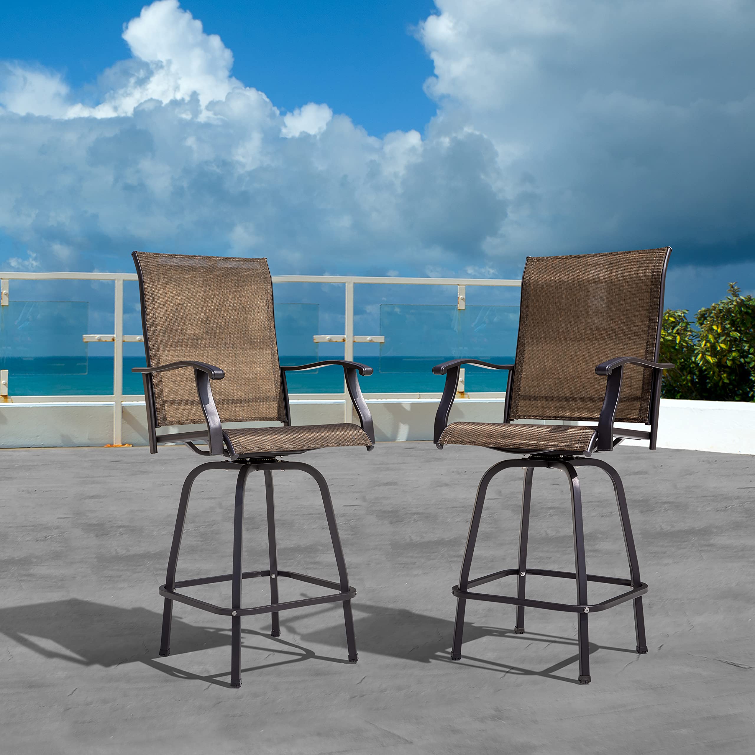 **NUU GARDEN 3-Piece Patio Bar Set - All-Weather Metal Textilene Swivel Bar Stools (Set of 2) & High-Top Glass Bar Table - Brown Outdoor Bistro Set for Patio, Deck, or Garden**    *(Perfect for backyard BBQs, poolside lounging, or outdoor entertaining!)*