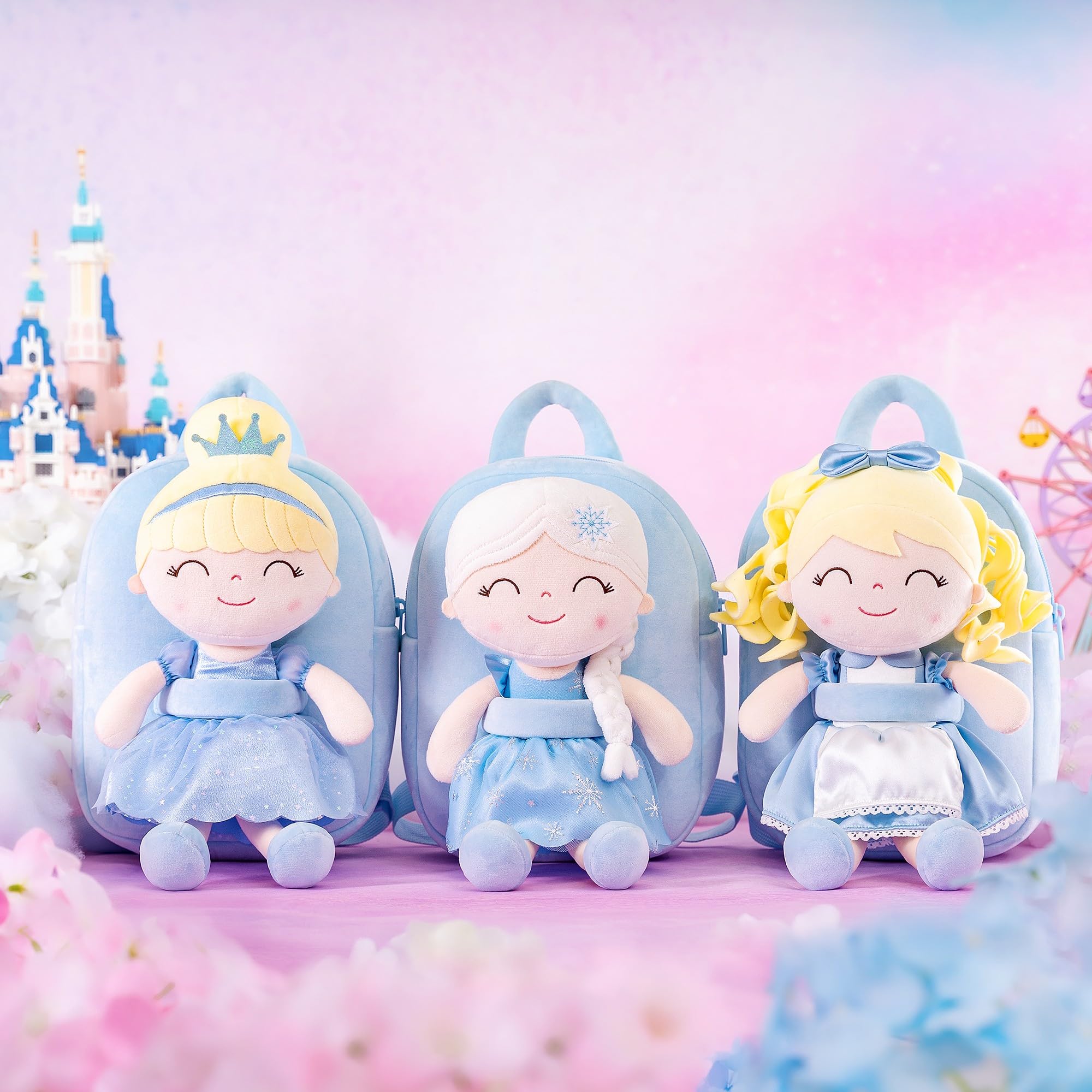 **Gloveleya Soft Plush Toddler Backpack for Girls - Cute Princess Alice Doll Backpack for Kids, Baby Girl Gifts (Blue, 9