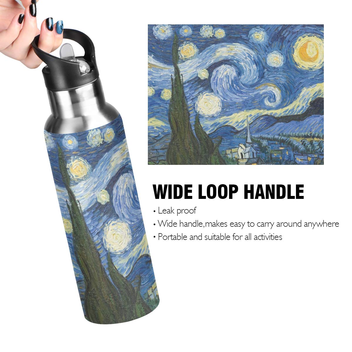 Starry Night Insulated Stainless Steel Water Bottle with Straw Lid - 20oz Double Wall Vacuum Thermos for Gym, Hiking & Outdoor Activities | Leakproof Sports Bottle for Hot & Cold Drinks