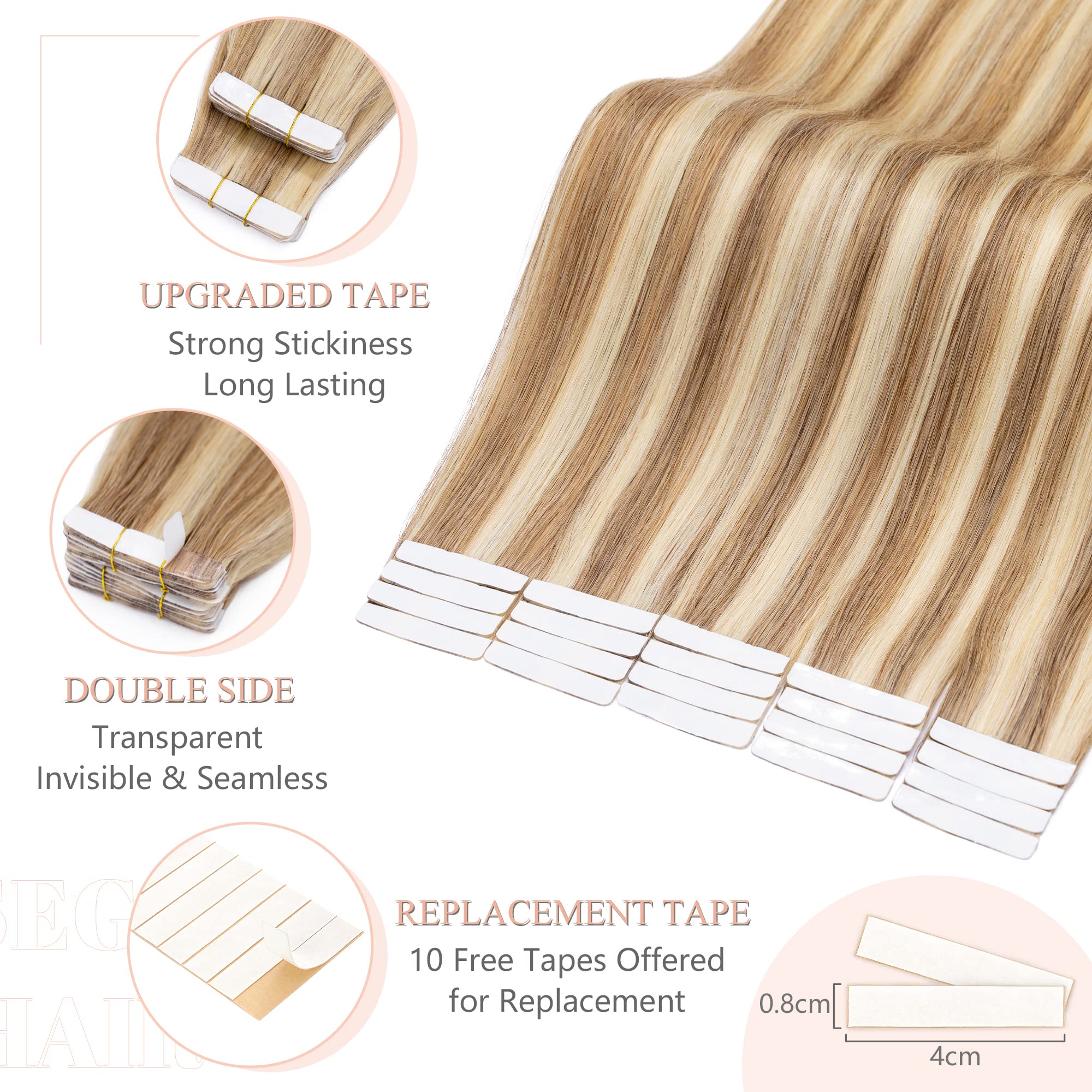 SEGO 20 Inch Tape in Human Hair Extensions 100g 40pcs Straight Balayage 100% Remy Rooted Seamless Skin Weft with Invisible Double Sided Tape for Women - Golden Brown & Bleach Blonde | Perfect for Daily Wear, Parties, Weddings & Special Occasions