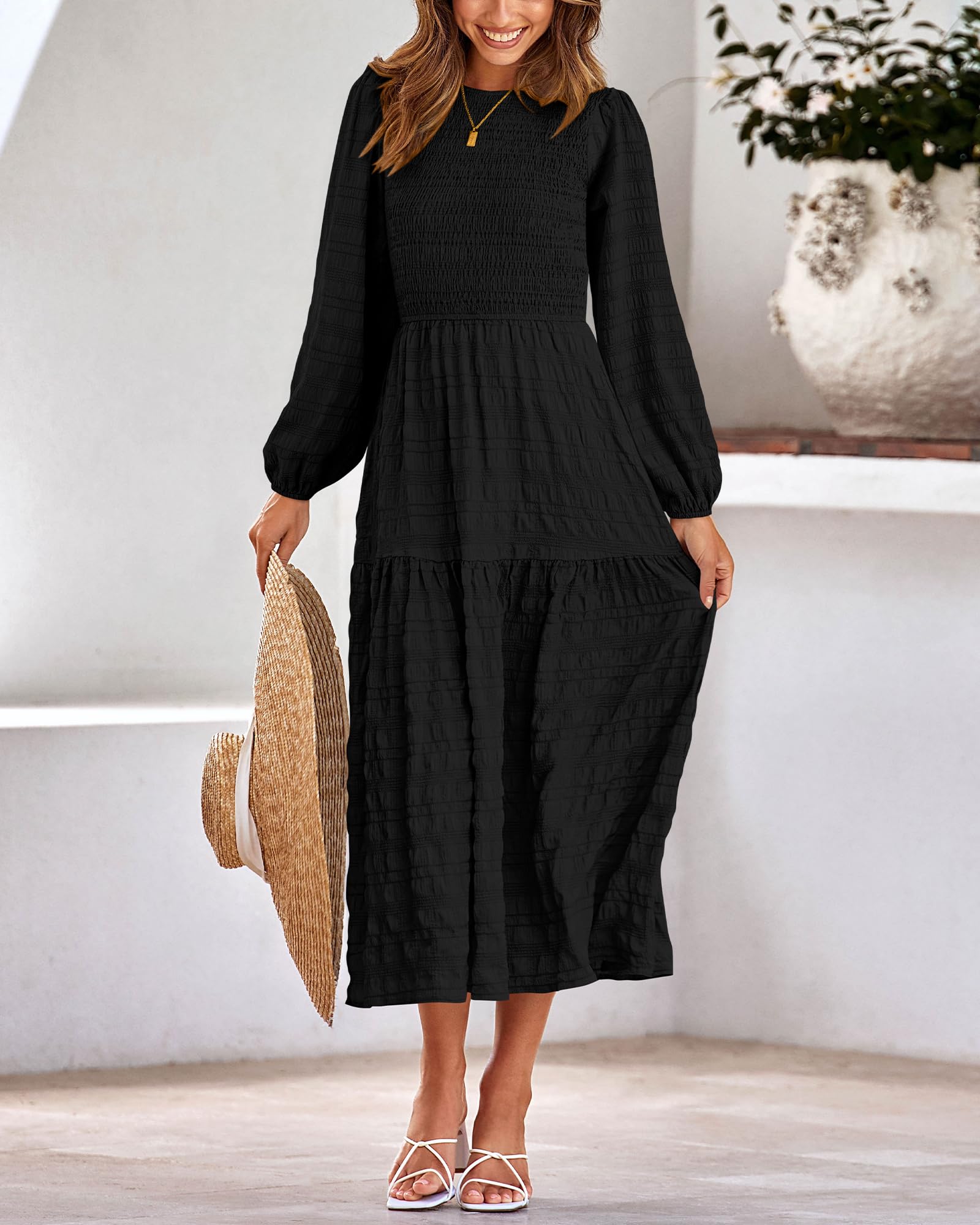 Dowerme Women's Boho Wedding Party Maxi Dress - 2025 Spring Puff Long Sleeve Crewneck Smocked Tiered Flowy A-Line Dress for Bridesmaids, Garden Weddings & Special Occasions