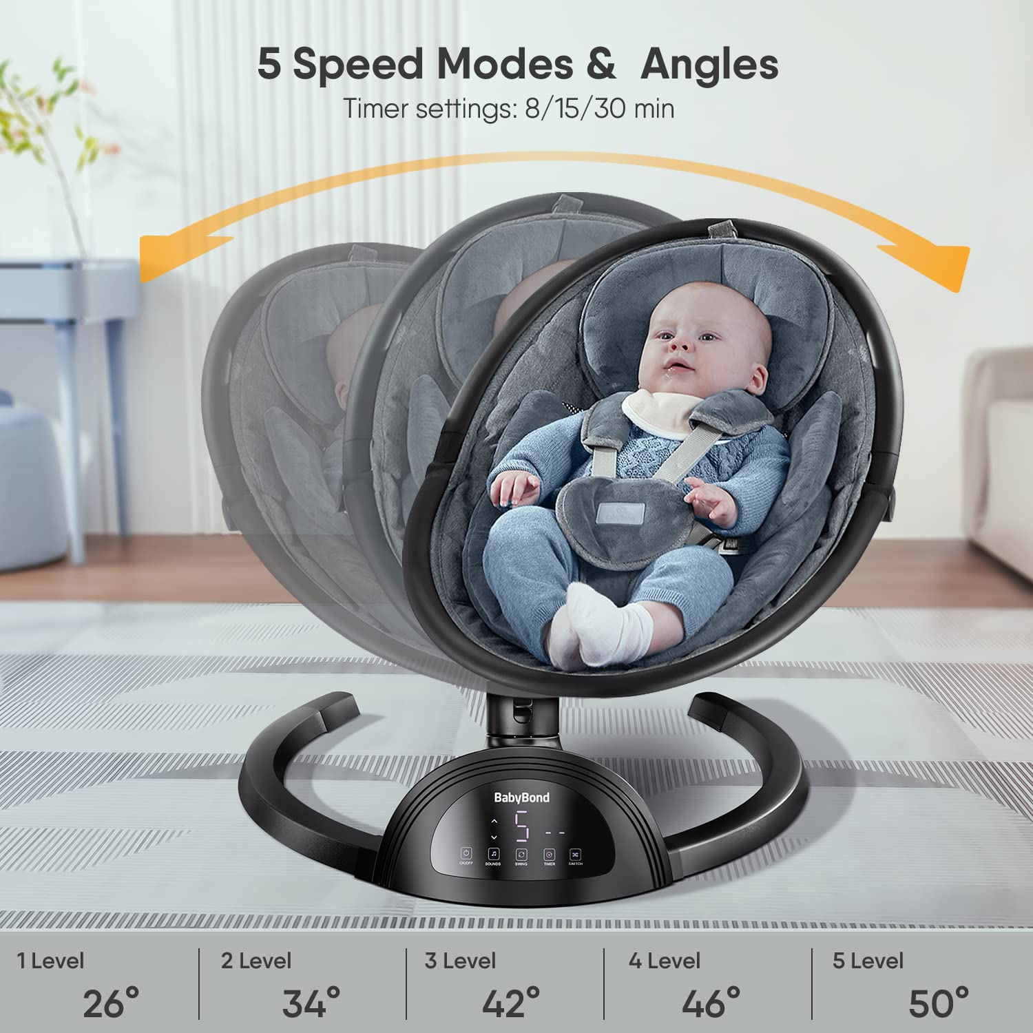 BabyBond Bluetooth Baby Swing for Infants - 5 Speed Adjustable with Music Speaker, 3 Reclining Positions & Remote Control - Safe 5-Point Harness for Newborns to Toddlers - Perfect for Nursery, Travel & Outdoor Use (Black)