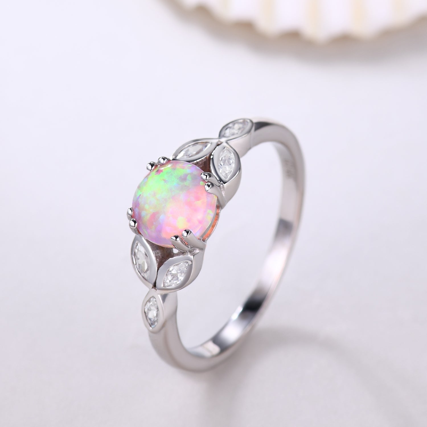 Seven Stones Pink Opal & Marquise Moissanite Engagement Ring in 14K White Gold - Perfect for Proposals, Anniversaries & Bridal Jewelry