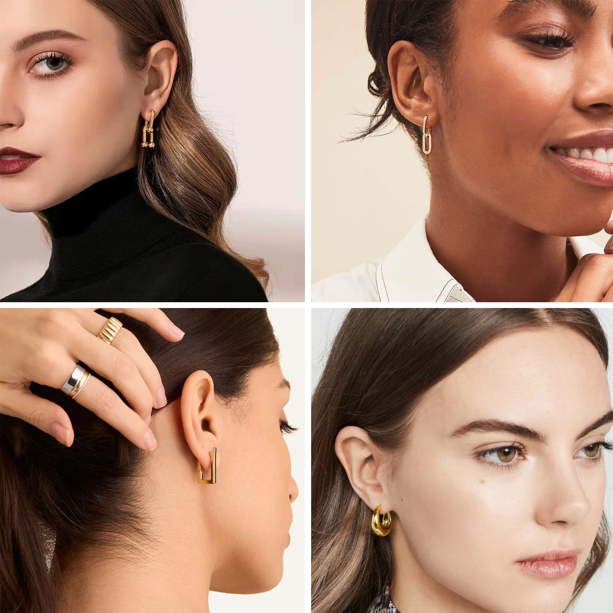 14K Gold Plated MILACOLATO 6Paris Huggie Hoop Earrings - U Shape Paperclip Link Chain Drop Dangle Earrings Set for Women | Everyday Wear, Office, Party & Special Occasions
