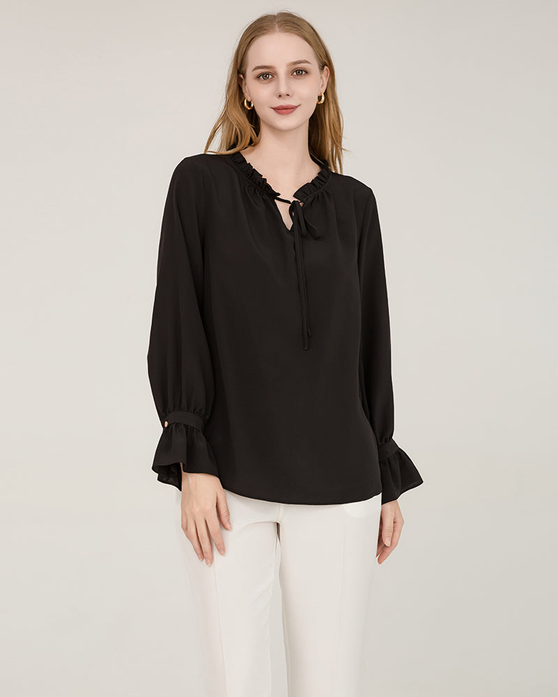 Elegant Ruffle Tie Neck Silk Blouse for Women - Soft & Luxurious Satin Shirt - Perfect for Office, Date Night & Special Occasions