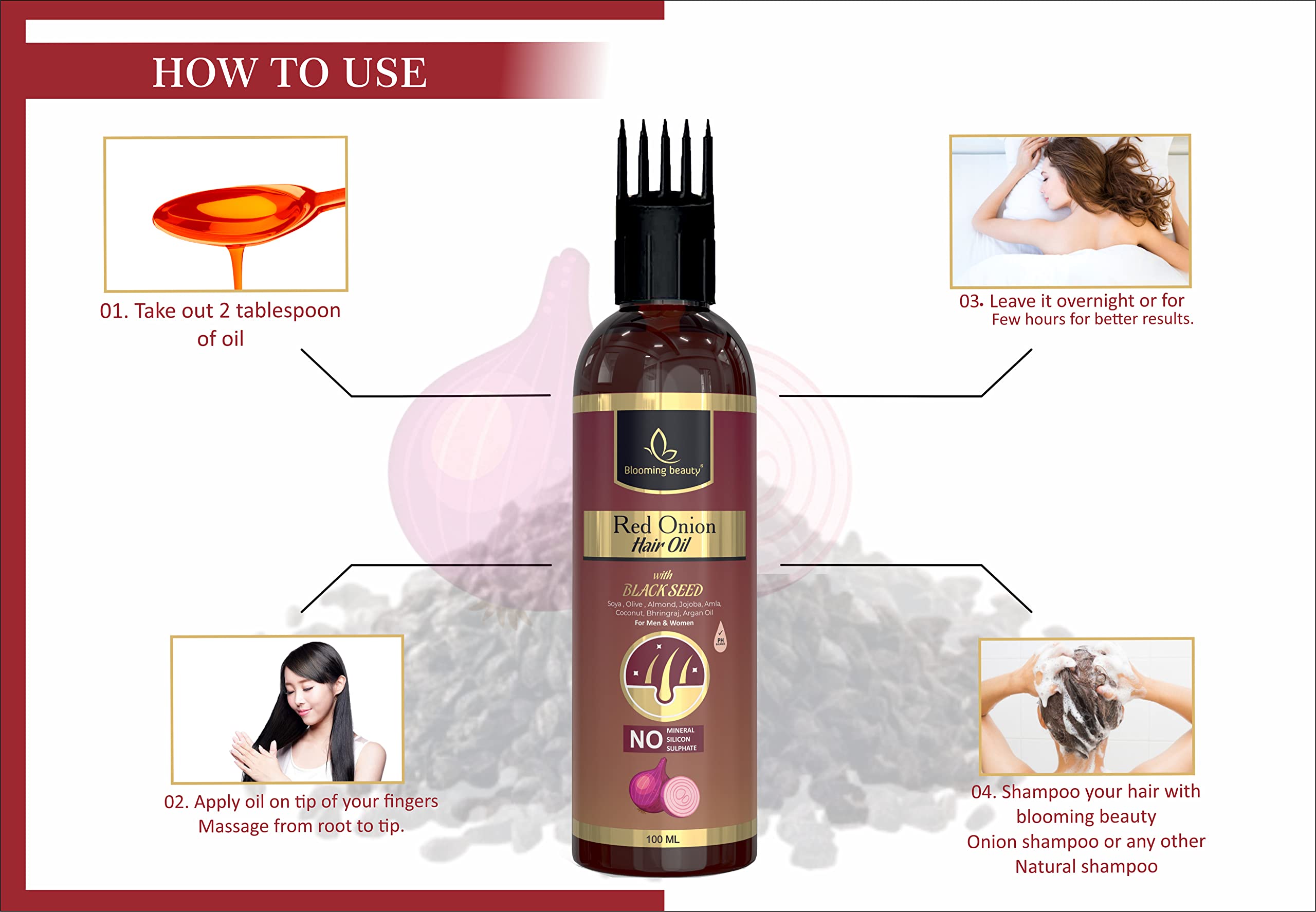 Blooming Beauty Red Onion Hair Growth Oil with Black Seed, Aloe Vera, Neem Leaf & Green Tea - 16 Natural Extracts for Hair Loss Control & Healthy Scalp (100ml with Oil Comb Cap) - Perfect for Daily Hair Care & Thinning Hair Treatment