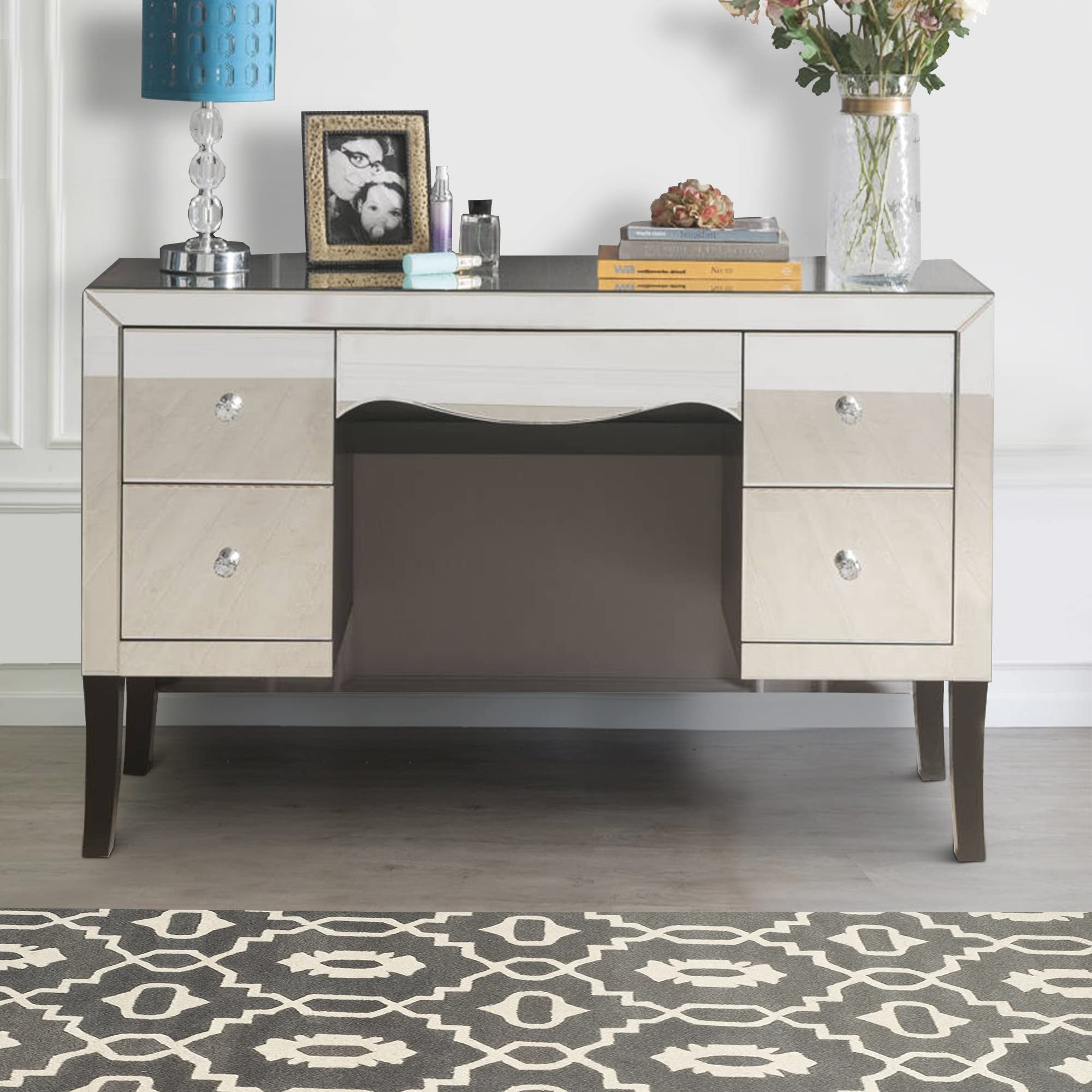 Benjara Silver Wooden Framed Vanity Desk with Mirror, 4 Drawers & Wavy Apron - Elegant Dressing Table for Bedroom, Bathroom or Boudoir Makeup Station