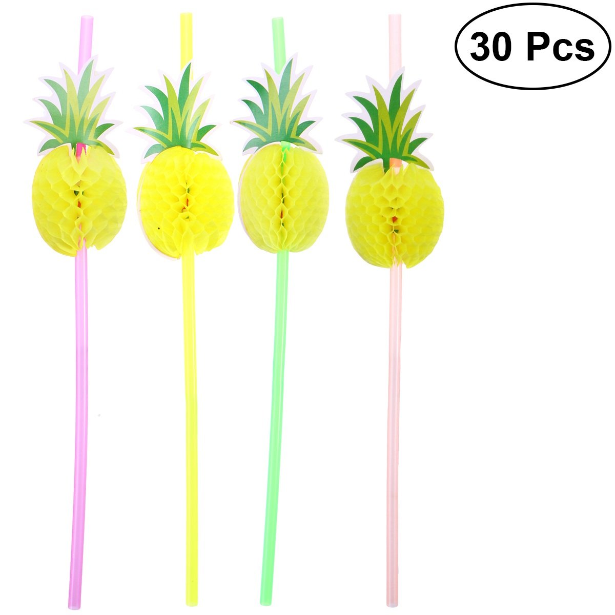 LUOEM 30pcs Colorful Hawaiian Party Straws - Honeycomb Pineapple Design, Reusable Drinking Straws for Tropical Luau, Beach Party, Summer BBQ, and Hawaii Theme Holiday Decorations