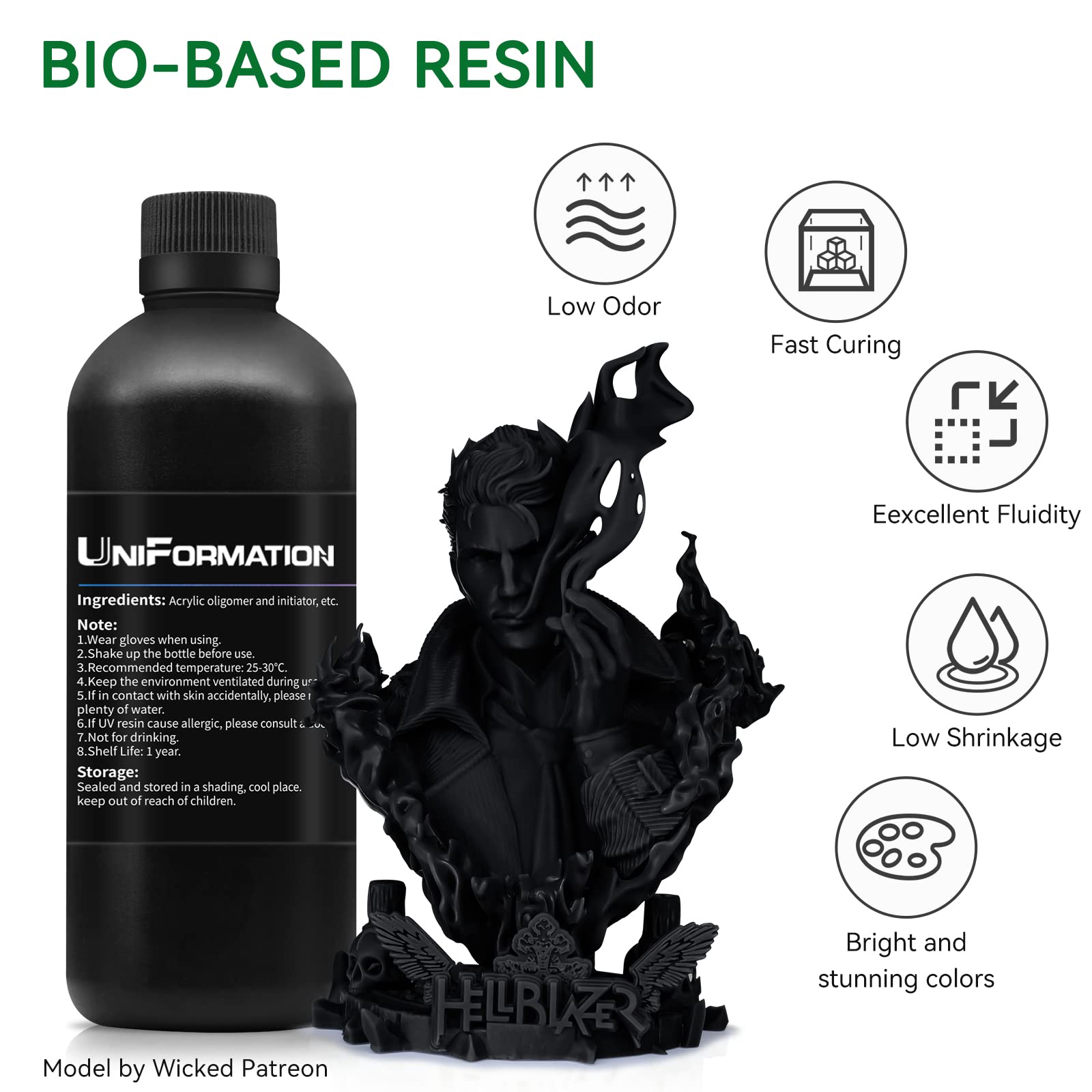High-Quality 8K 3D Printer Resin - PLA Plant-Based, Biodegradable 405nm UV Curing Photopolymer for 4K/6K/8K LCD/DLP/SLA Printers - Space Black (1kg) - Perfect for Miniatures, Jewelry & Detailed Prototyping