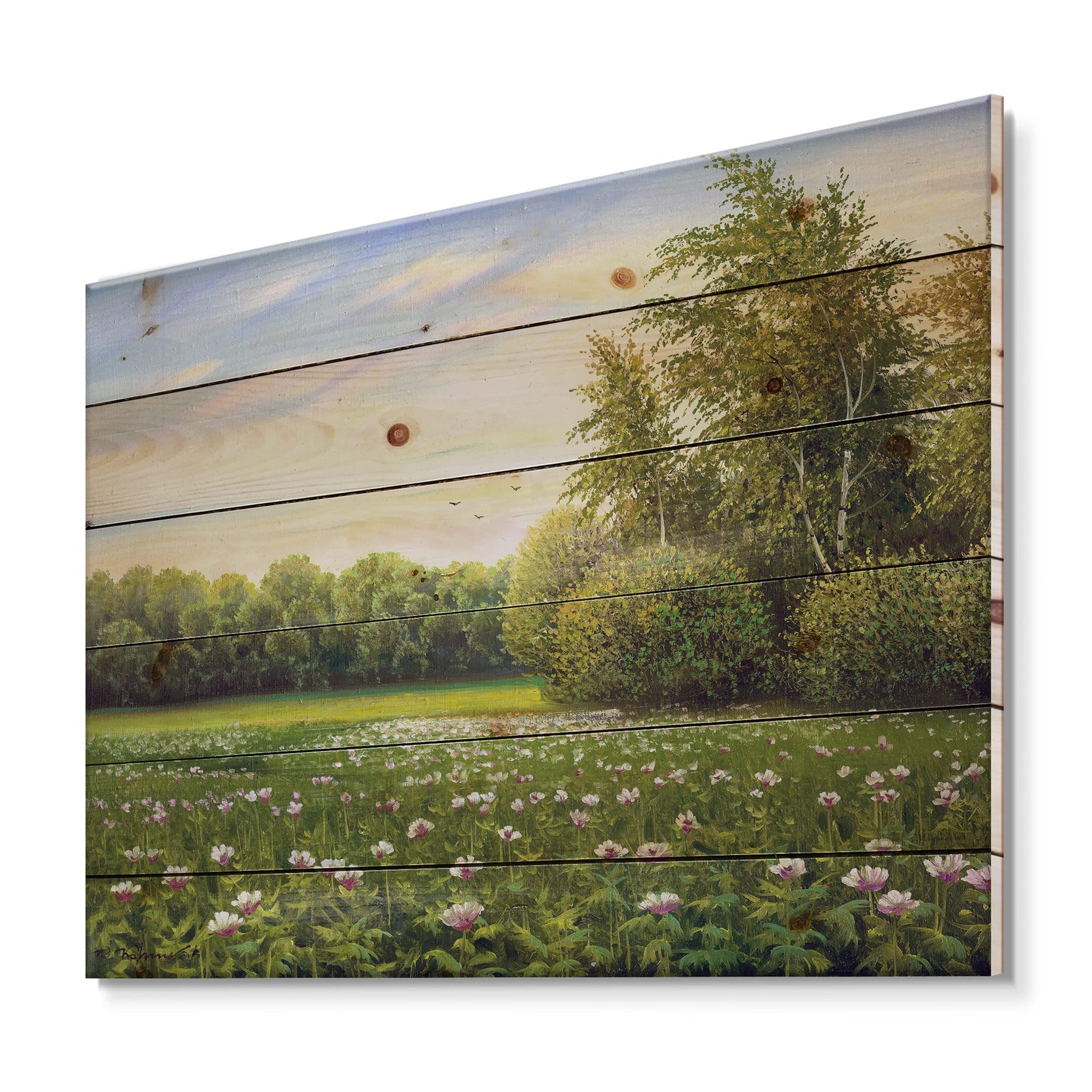 DesignQ Spring Trees By The Meadows Wood Wall Art - Large Country Landscape Panel Decor Printed on Natural Pine Wood - Perfect for Living Room, Bedroom & Farmhouse Decor