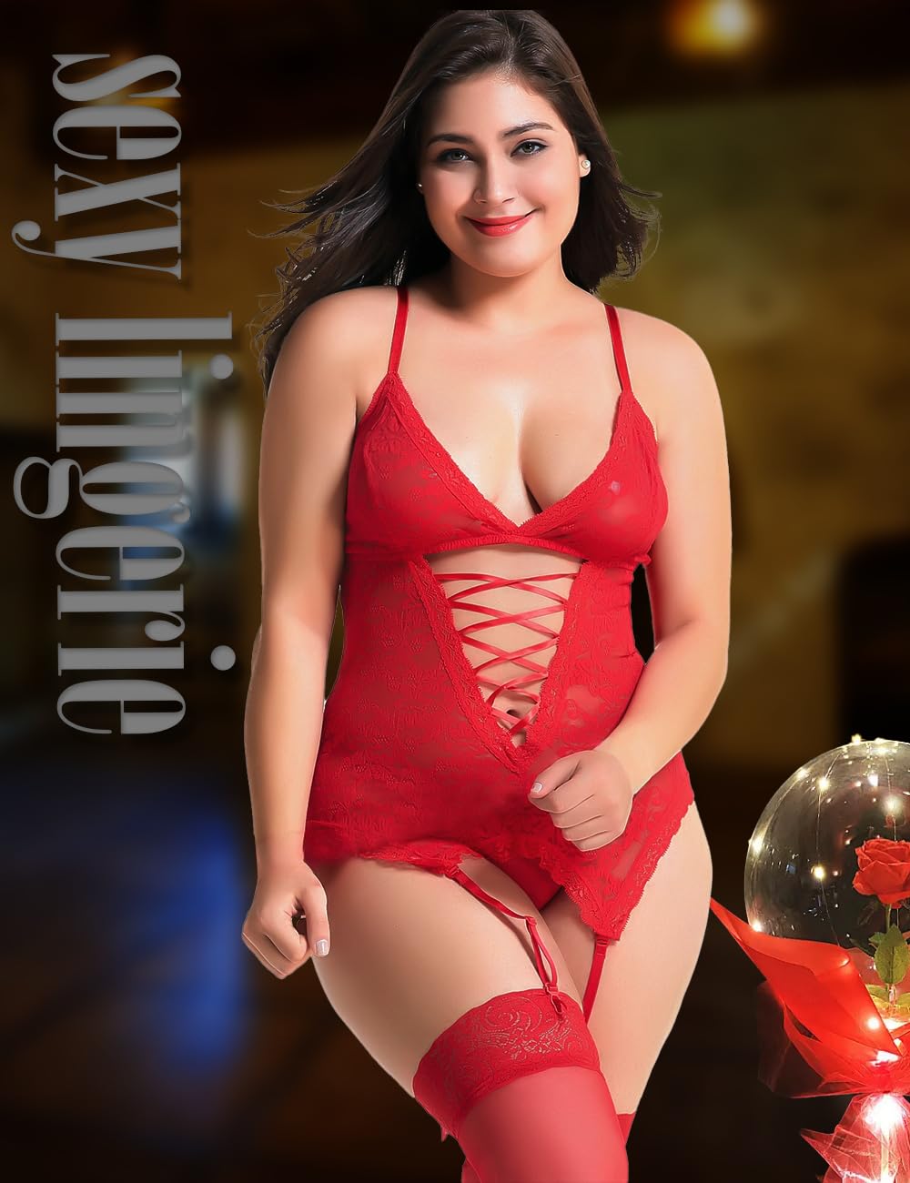 Anyou Women's Lingerie Set - Stretchy Lace Teddy with Stockings, Plus Size S-XXXXL | Sexy Lingerie for Valentine's Day, Bridal Shower & Romantic Nights