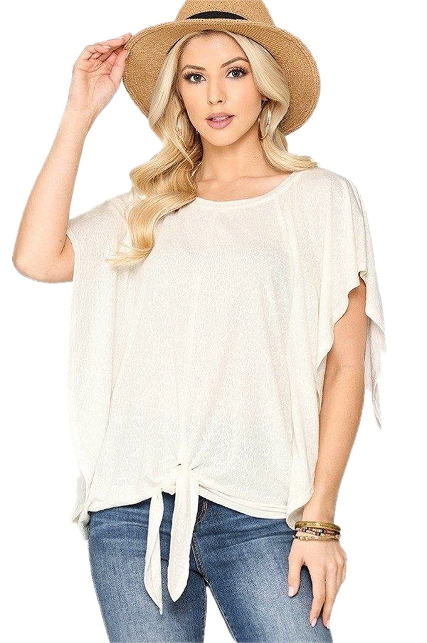 Leopard Jacquard Knit Jersey Top with Front Tie & Ruffled Sleeve - Off White Women's Blouse | Perfect for Casual Outings, Date Nights & Office Wear