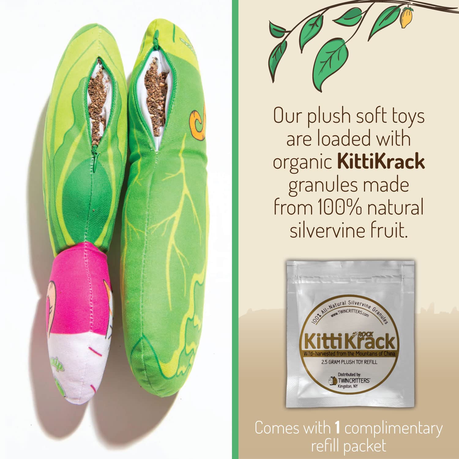 KittiVeggi 2-Pack Organic Silvervine Catnip Substitute Toys for Cats & Kittens | 100% Natural Wild Harvested Silvervine | Refillable Vegetable Plush Cat Toys | Great for Playtime, Training & Stress Relief