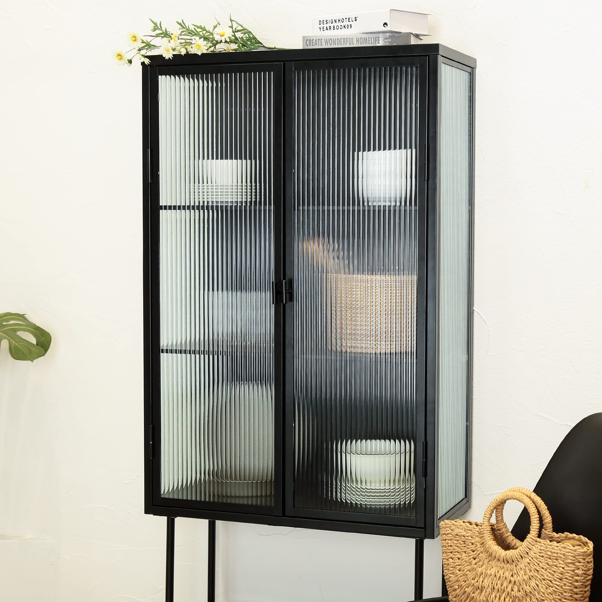 Vintage Retro Style Corner Storage Cabinet with Fluted Glass Doors - 3 Adjustable Shelves, Enclosed Dust-Free Design for Living Room, Dining Room & Kitchen - Perfect for Home Decor & Organizing Dishes, Linens & More