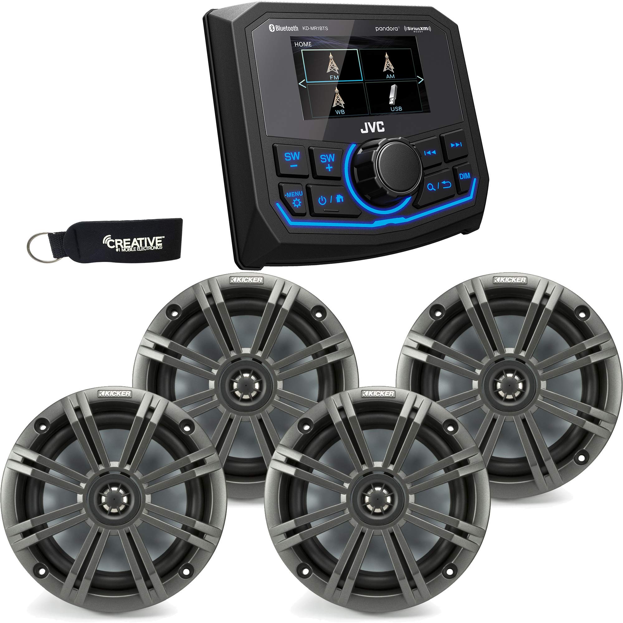 JVC KD-MR1BTS Bluetooth Marine Stereo Receiver with 2 Pairs of Kicker Marine OEM Replacement Speakers - Charcoal | Waterproof Audio System for Boats, Yachts & Marine Vehicles