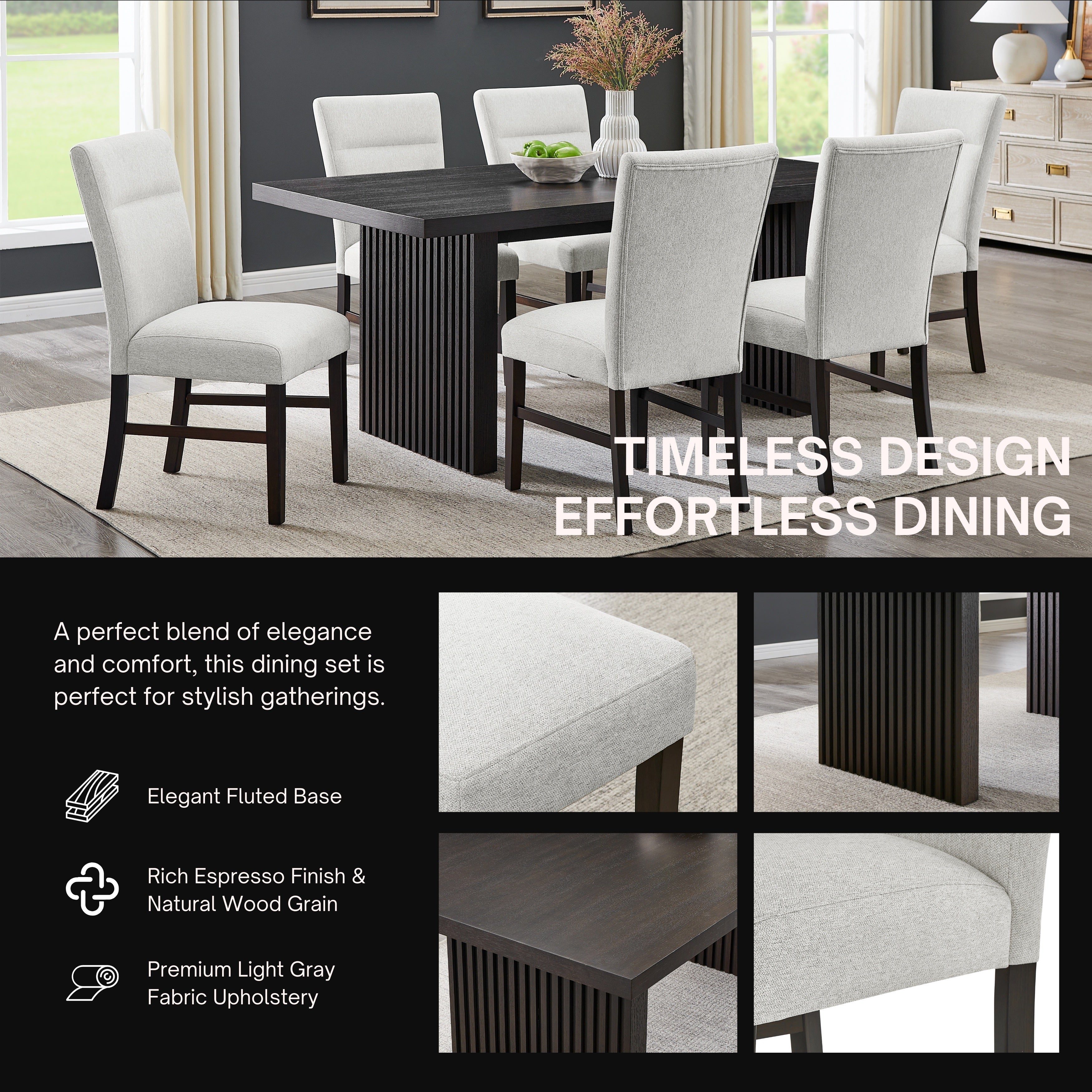 Roundhill Furniture Madison 7-Piece Dining Set - Gray Slat Fluted Dining Table with 6 Modern Upholstered Chairs for Kitchen, Dining Room & Small Space Decor