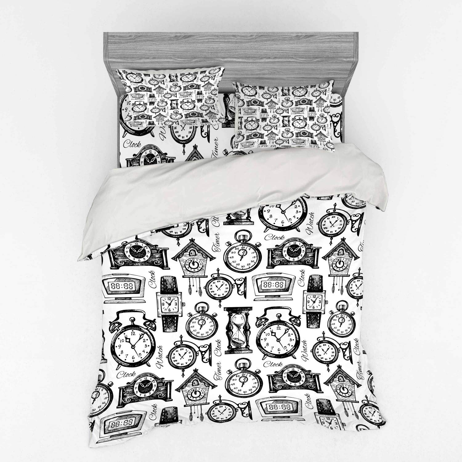 Ambesonne Vintage Clock Bedding Set - Hand Drawn Watches Illustration, Monochrome Black & White Duvet Cover 4-Piece Set with Shams & Fitted Sheet, California King Size | Perfect for Vintage Themed Bedrooms, Guest Rooms & Clock Enthusiasts