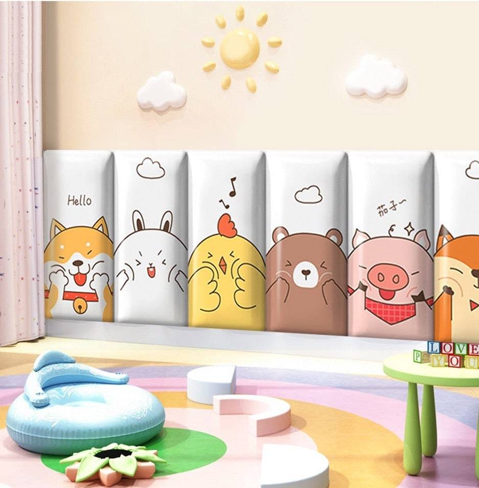Soft Zoo Animals Parade Kids Wall Padded Safety Cushions - Non-Slip Playroom & Nursery Decor for Toddler Protection