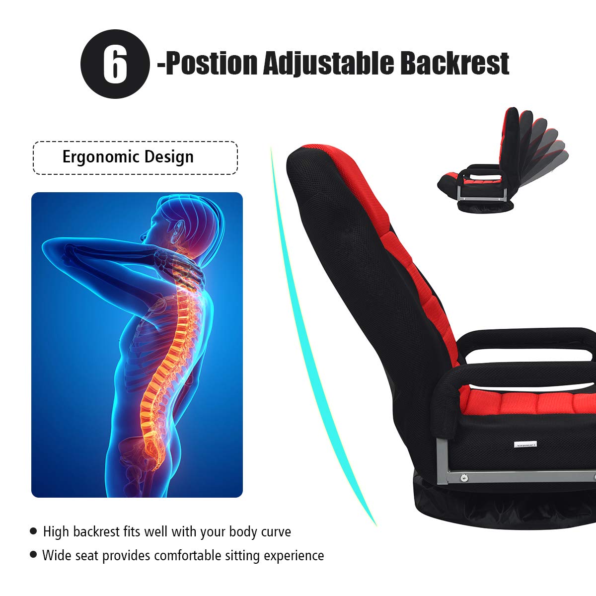 Giantex 360 Degree Swivel Floor Chair - Adjustable Backrest with Lumbar Support & Armrests, Foldable Lazy Sofa Rocker for Living Room, Bedroom, TV Watching, Reading & Gaming (Black/Red) - Comfortable Floor Seating for Small Spaces & Relaxation
