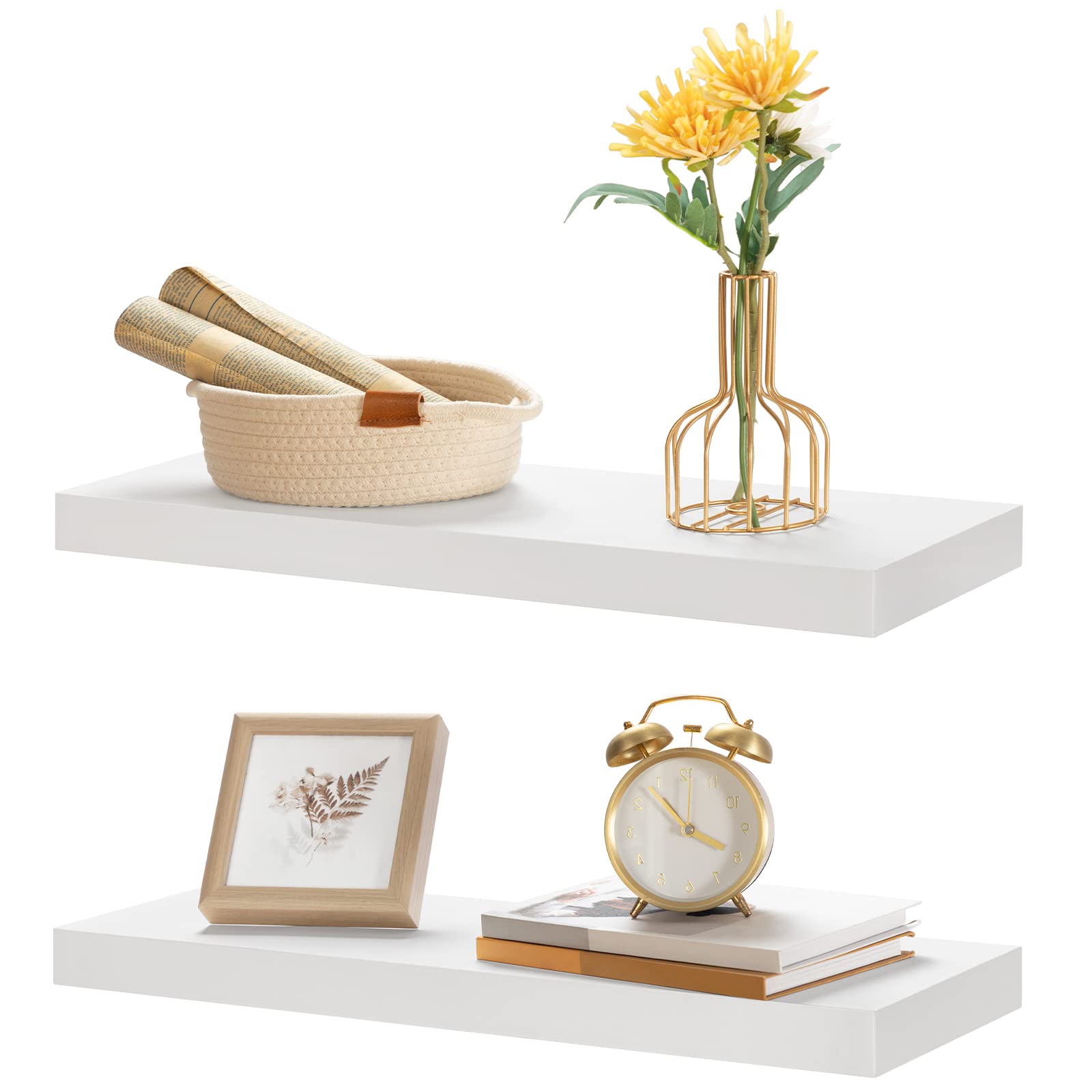 HOOBRO Floating Shelves Set of 2, 23.6 Inch White Wall Shelves with Invisible Brackets - Modern Wall Decor for Bathroom, Bedroom, Kitchen, Living Room & Office - Perfect for Displaying Books, Plants, Photos and Home Decor Items