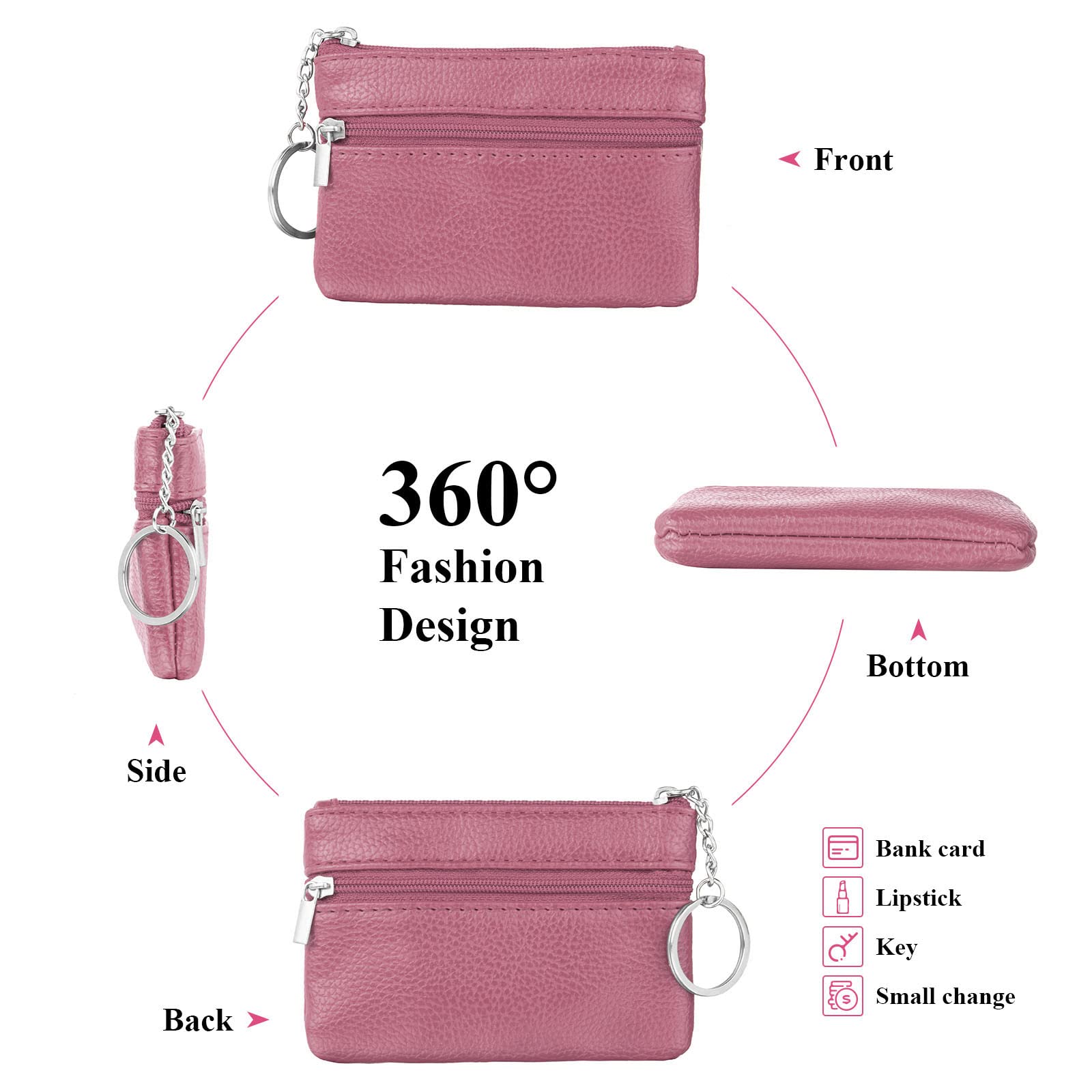 Aucuu Genuine Leather Coin Purse for Women - Compact Zipper Wallet with 3 Card Slots & Keychain Holder | Small Lightweight Travel Wallet (12x8cm) | Perfect for Everyday Use, Travel & Gift Giving