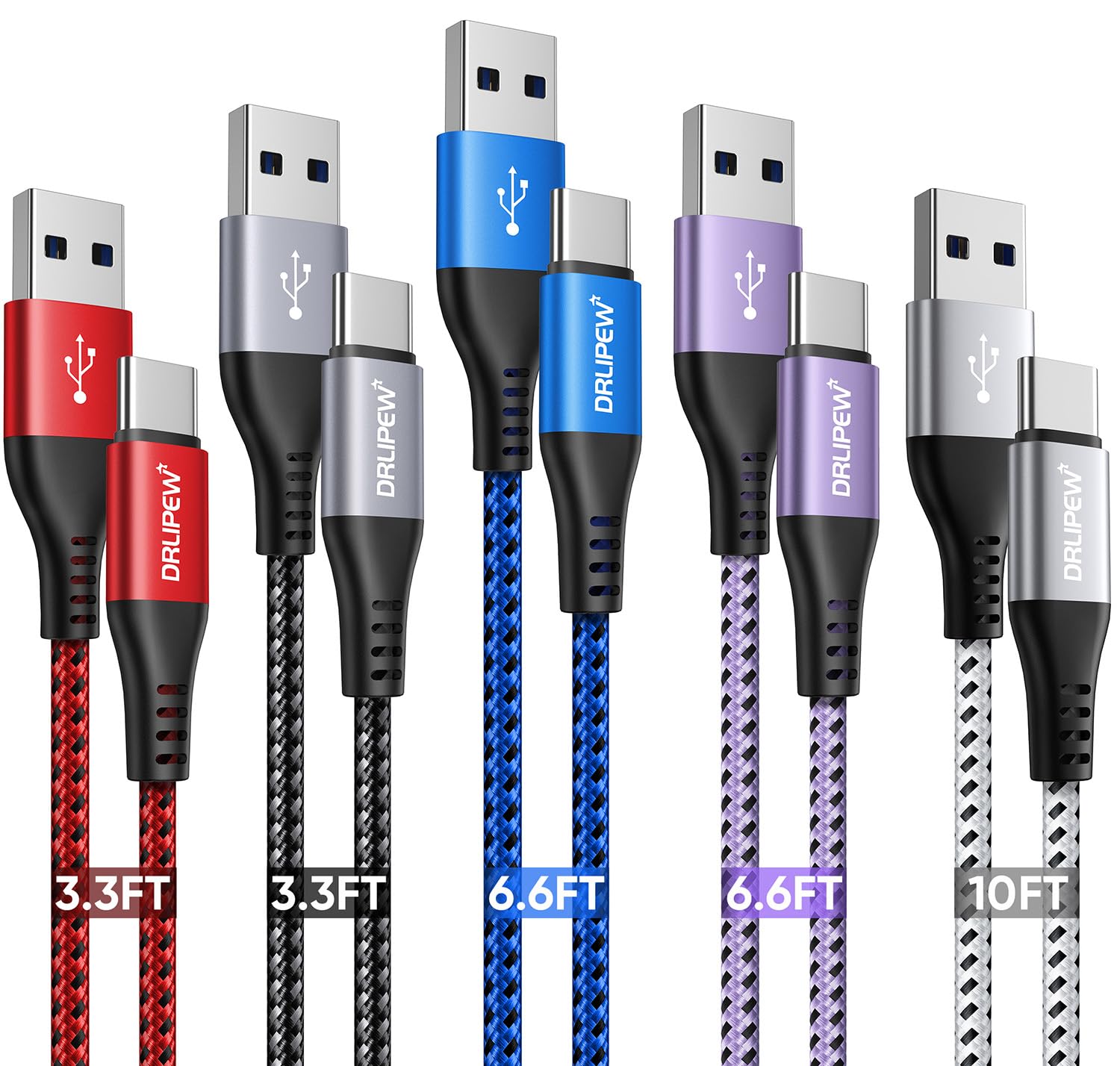5-Pack USB C to USB C Cable Fast Charging (3ft/3ft/6ft/6ft/10ft) - Durable Braided Nylon Phone Charger for Samsung Galaxy S23/S22/Ultra/S21/S20/S10/S9, Note 20/10, Google Pixel, Redmi, HTC - Perfect for Home, Office & Travel Charging