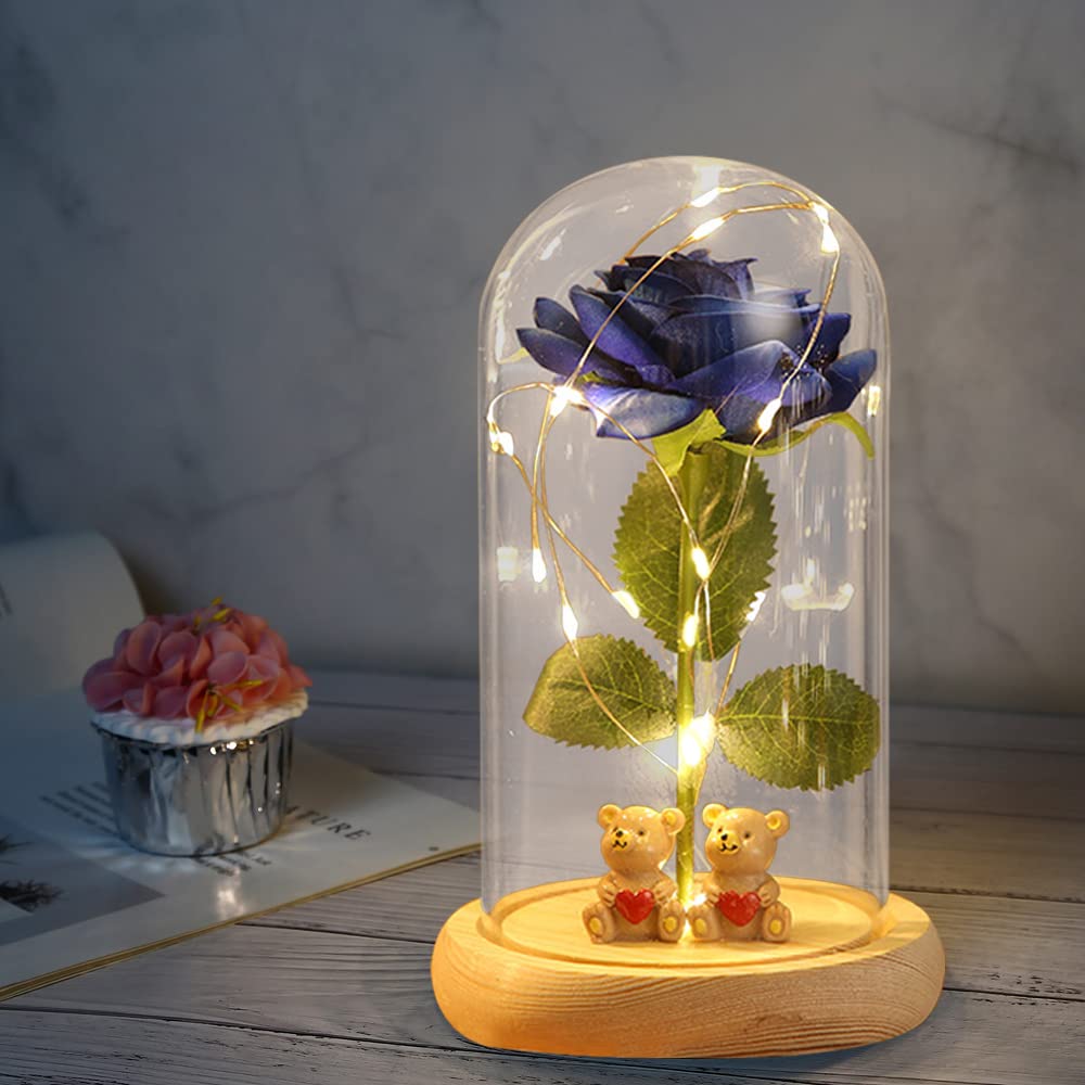 Custom Photo Text Red Silk Eternal Rose in Glass Dome with LED Light & Wood Base - Valentine's Day Home Decor, Anniversary Gift for Wife, Romantic Preserved Flower for Wedding Centerpiece & Bedroom Decoration