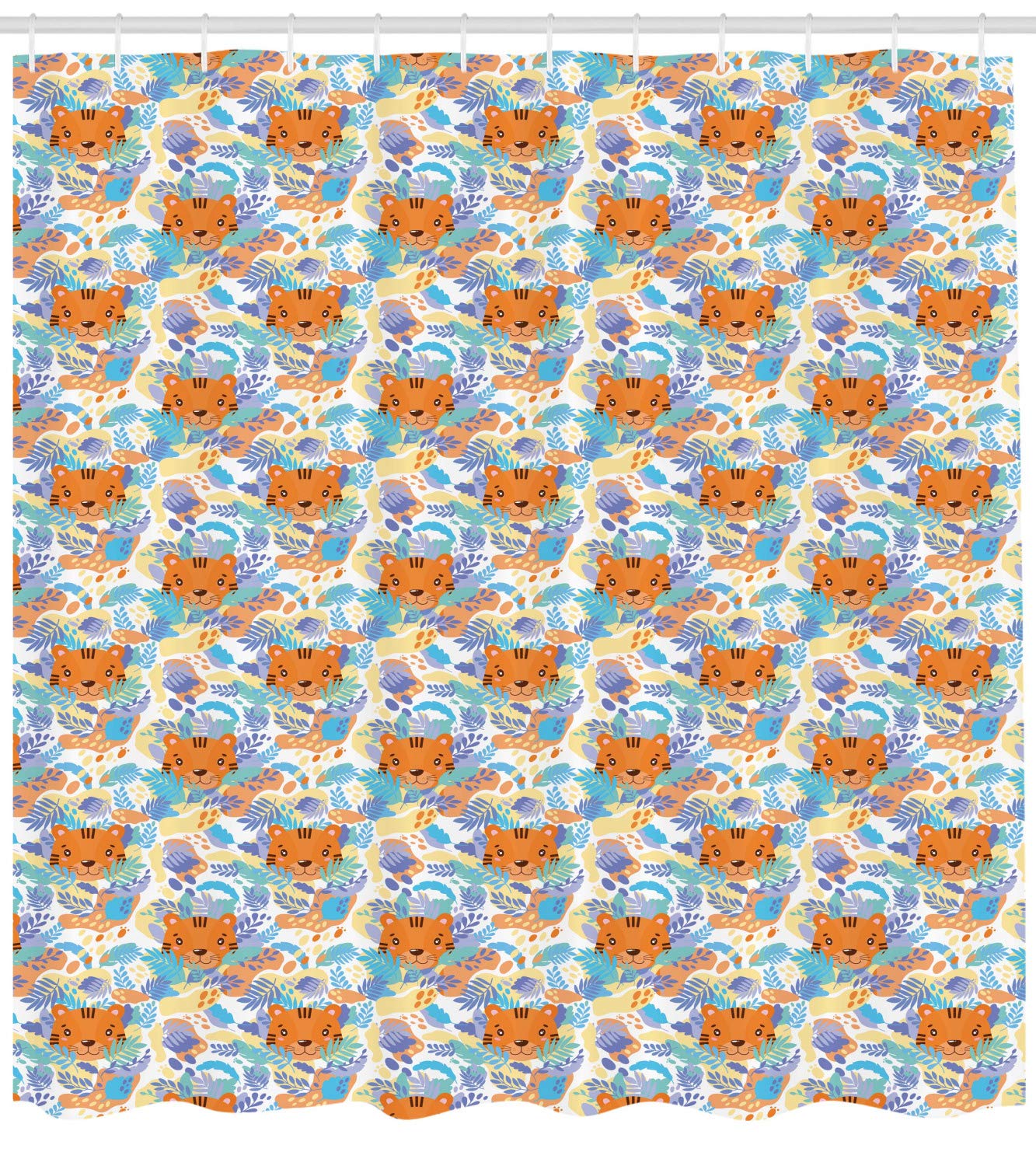 Ambesonne Cartoon Shower Curtain with Tiger and Leaf Design - Waterproof Polyester Fabric Bathroom Decor Set with Hooks - Dark Orange Multicolor for Kids, Teens and Jungle Theme Bathrooms - Perfect for Home, Dorm, RV and Vacation Rental Decorations