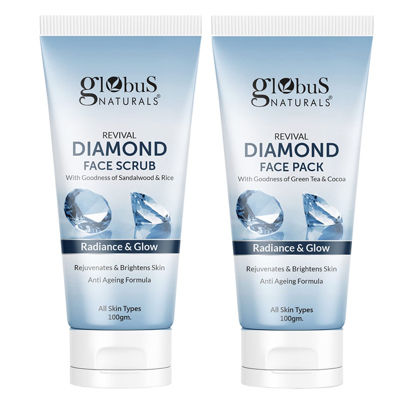 Globus Naturals Diamond Face Scrub & Face Pack Set - Brightening & Exfoliating Skincare Combo for Glowing Skin | Perfect for Daily Use & Spa Nights
