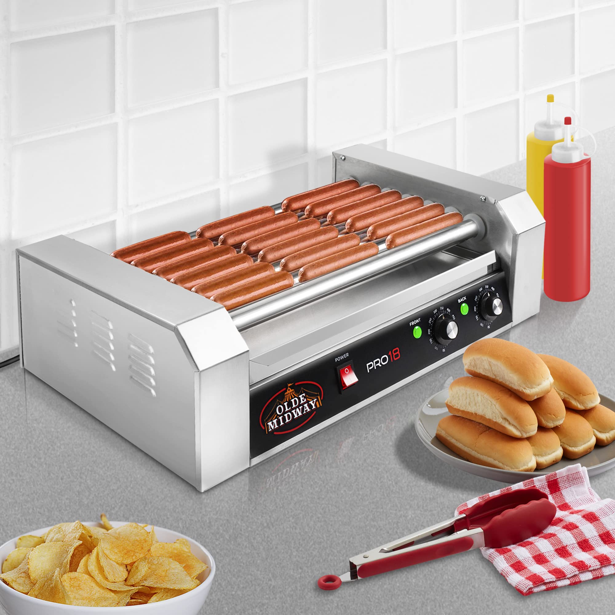 Olde Midway Electric 18 Hot Dog 7 Roller Grill Cooker Machine 900W - Commercial Grade Hot Dog Warmer for Restaurants, Carnivals & Food Trucks - Perfect for Hot Dogs, Sausages & Sandwiches