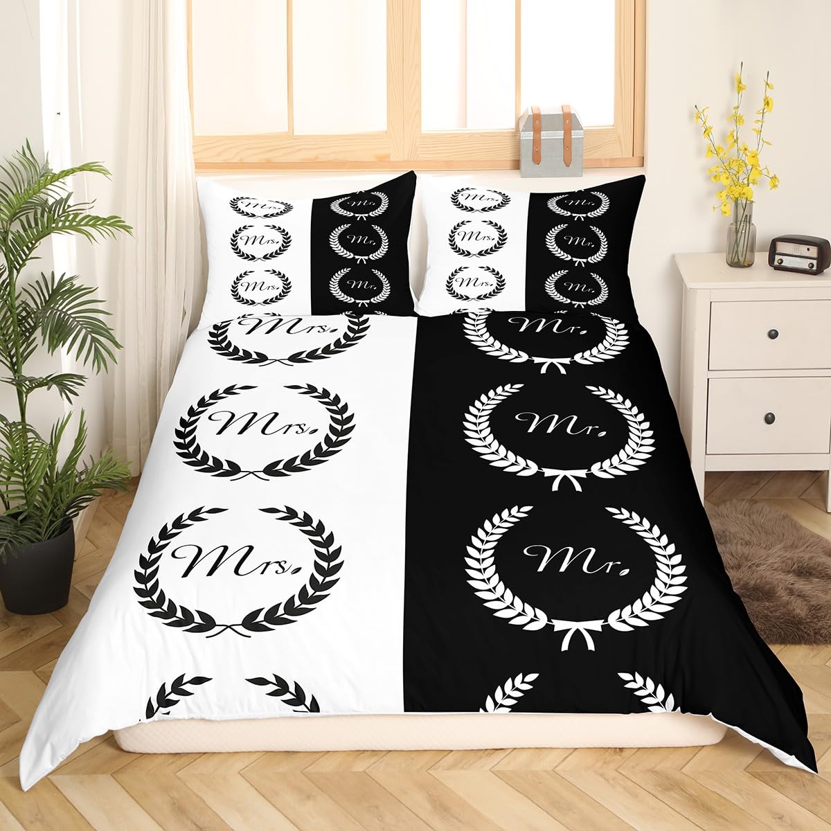 Erosebridal Black and White Duvet Cover Twin Size - Mr and Mrs Bedding Set 2 Pieces, Soft Microfiber Couple Romantic Theme Comforter Cover 68